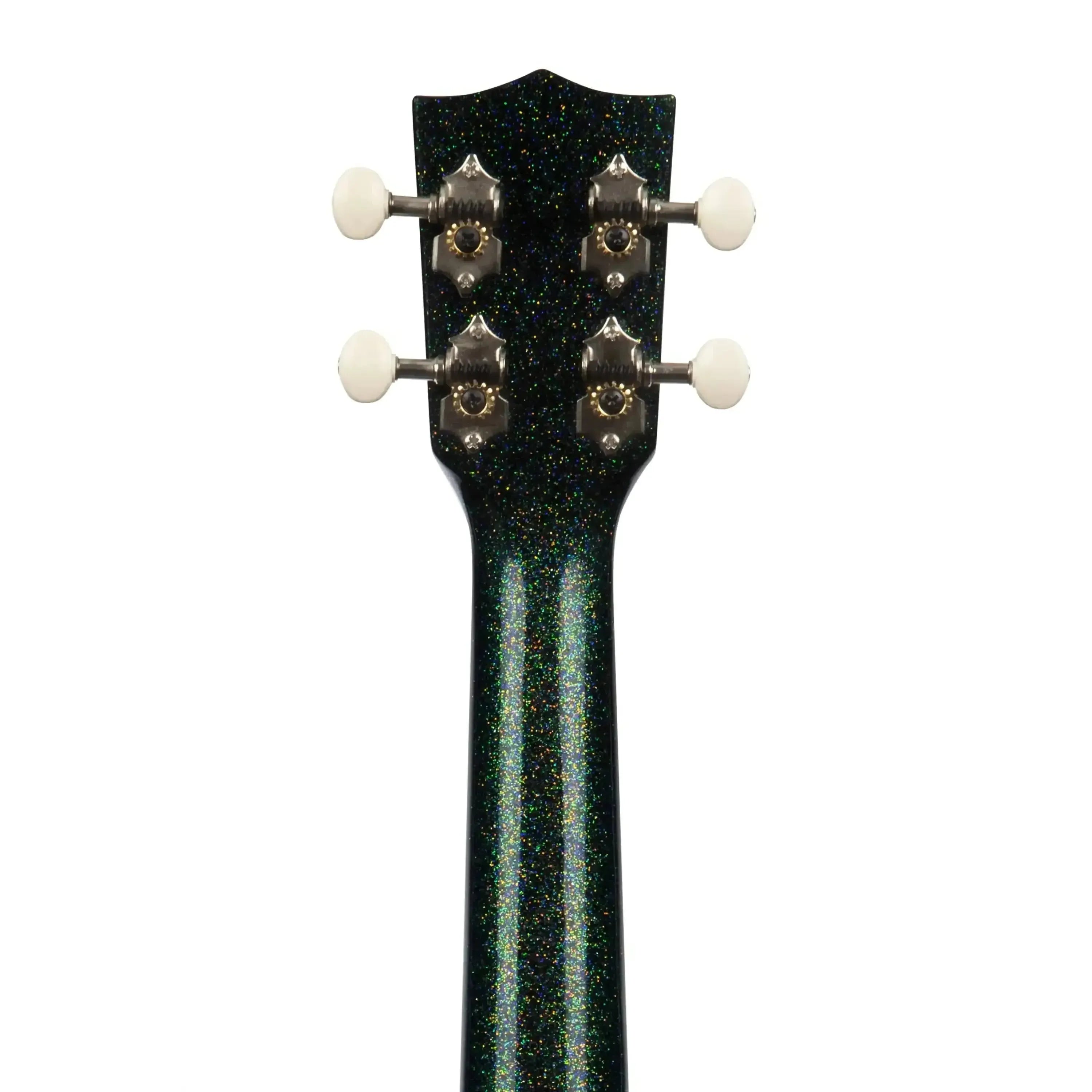 Kala Galaxy Black Sparkle Concert Ukulele headstock with four white tuning pegs.