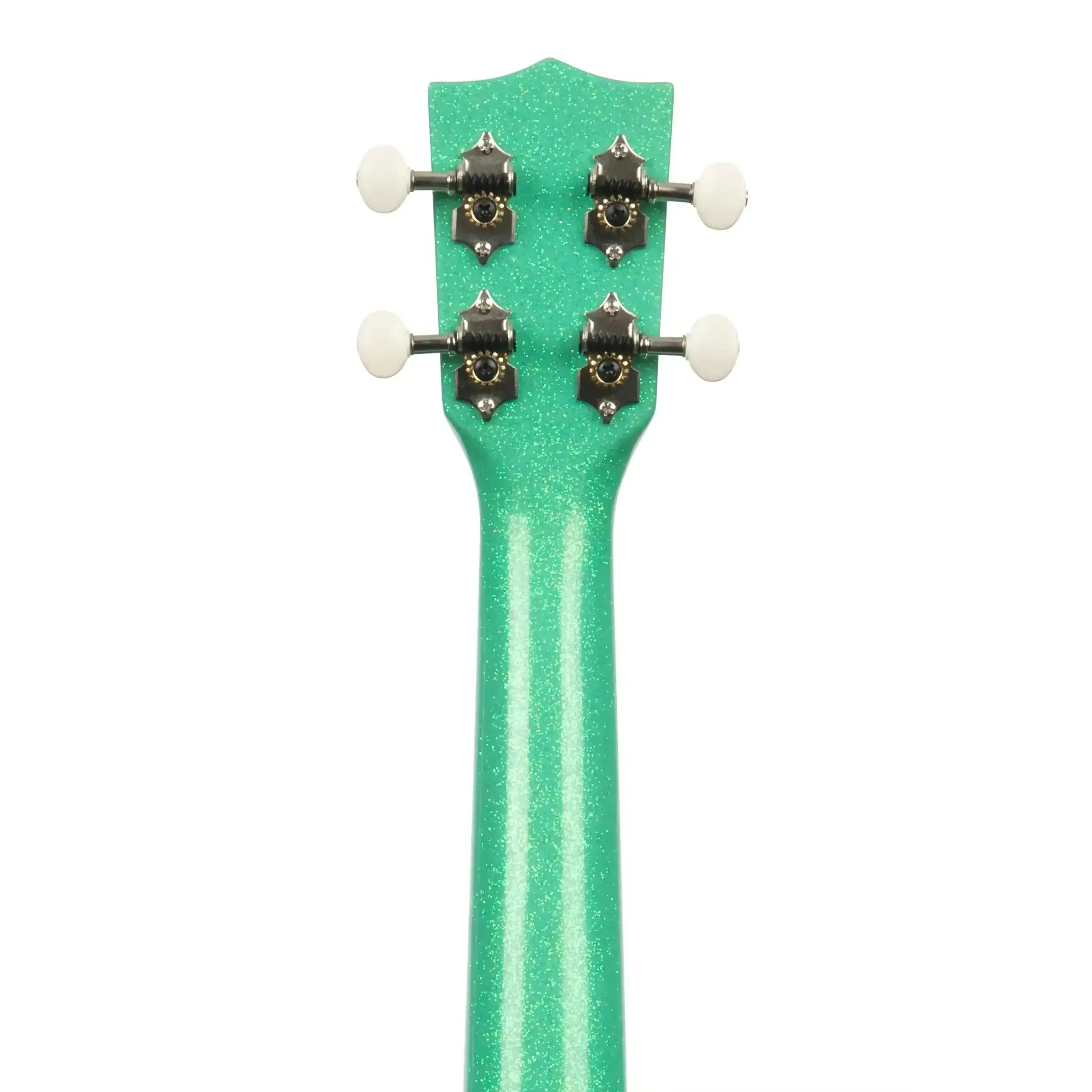 Kala Gatsby Green Sparkle Concert Ukulele headstock and neck, showing white tuning pegs.