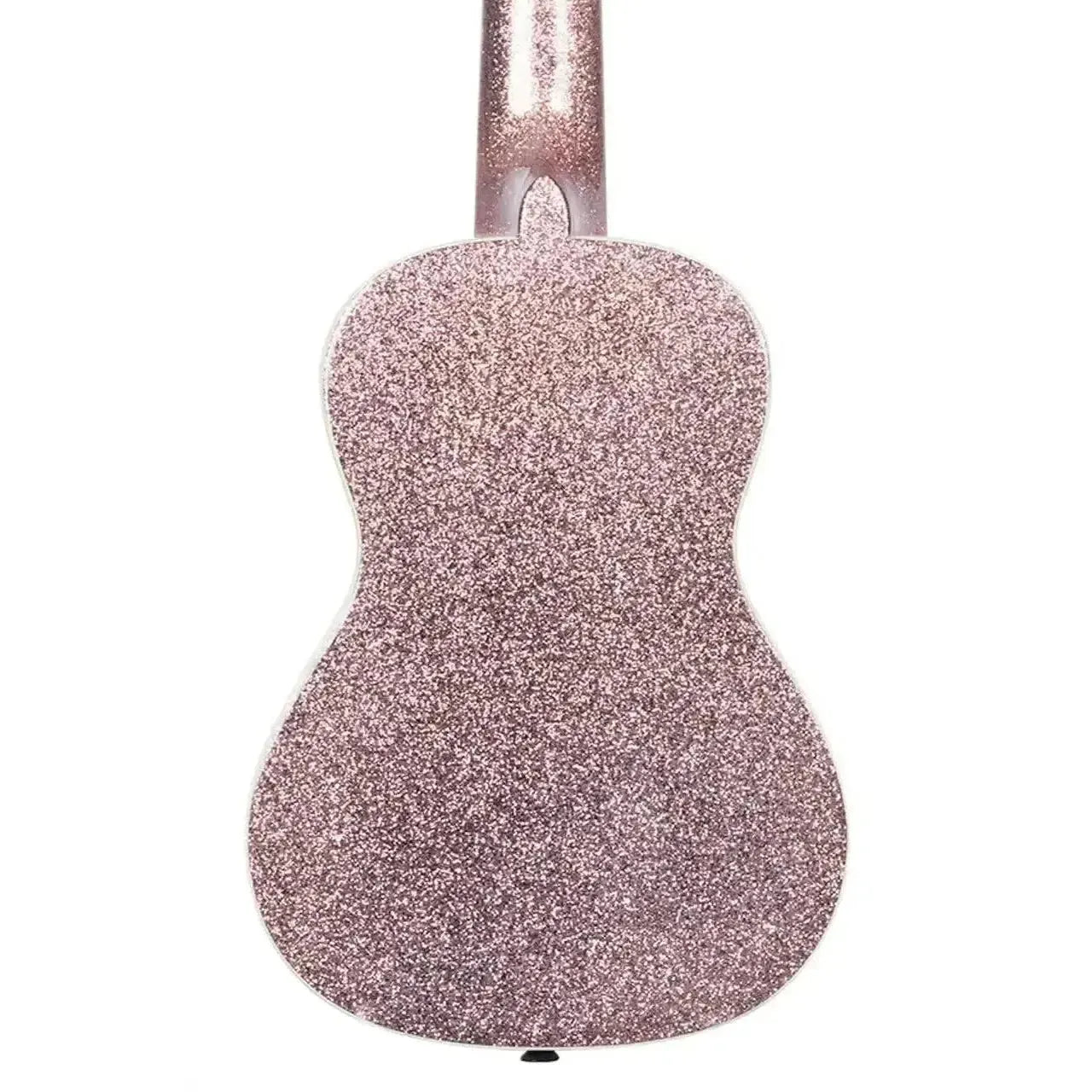 Back of Kala SPRK-PINK Concert Ukulele, sparkling pink champagne finish, with black strap button.
