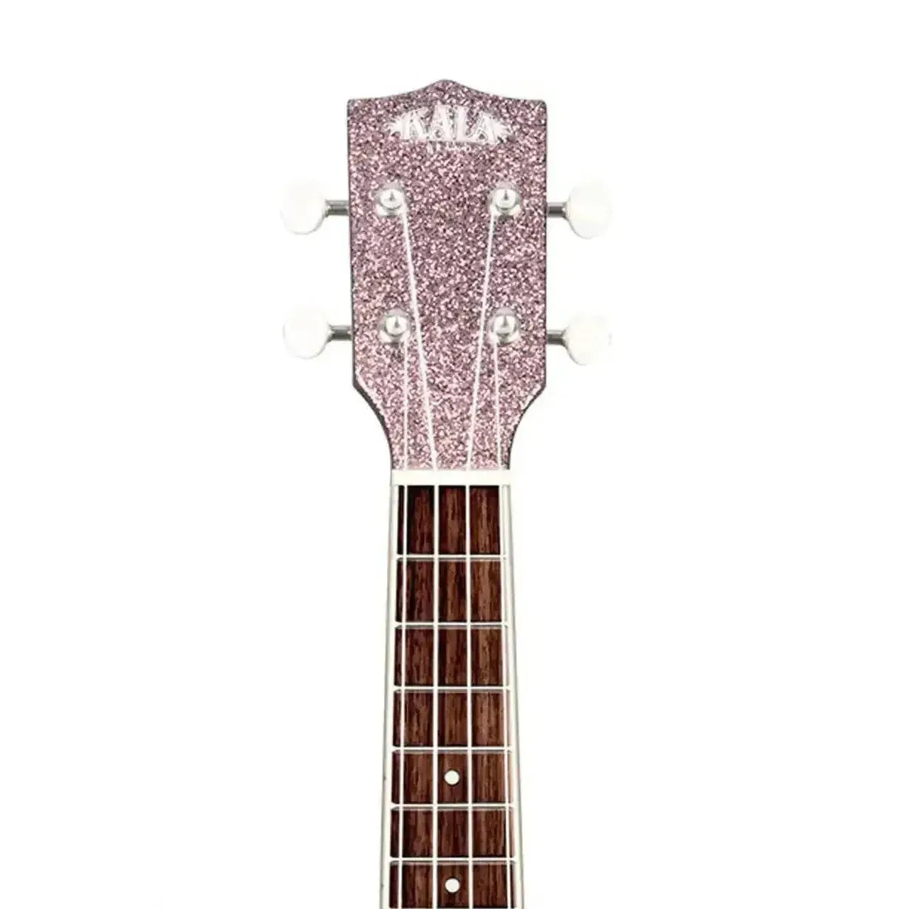 Kala SPRK-PINK Concert Ukulele headstock with sparkle pink finish, white tuning pegs, and rosewood fretboard.
