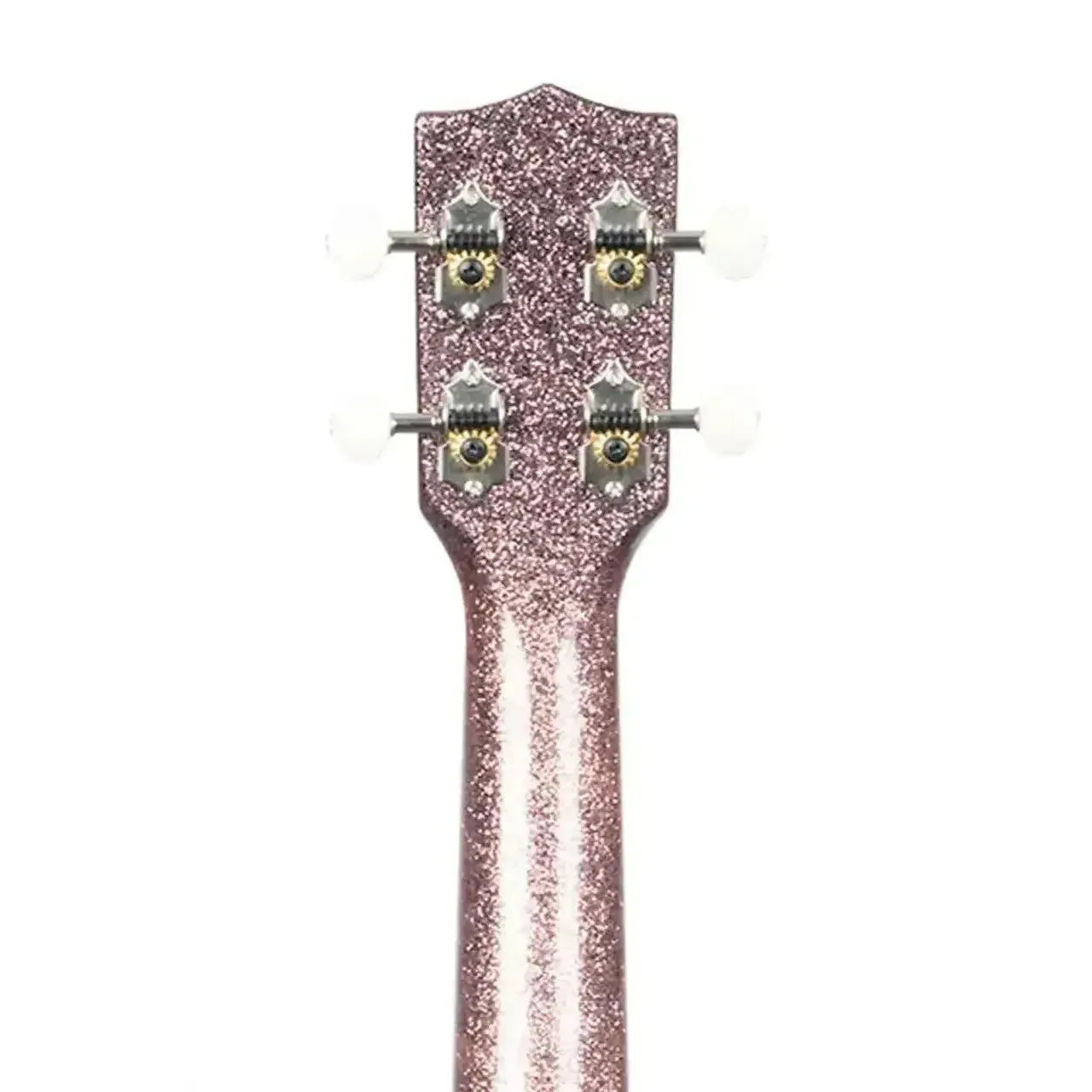 Kala SPRK-PINK Concert Ukulele headstock and neck, sparkling pink with white tuning pegs.