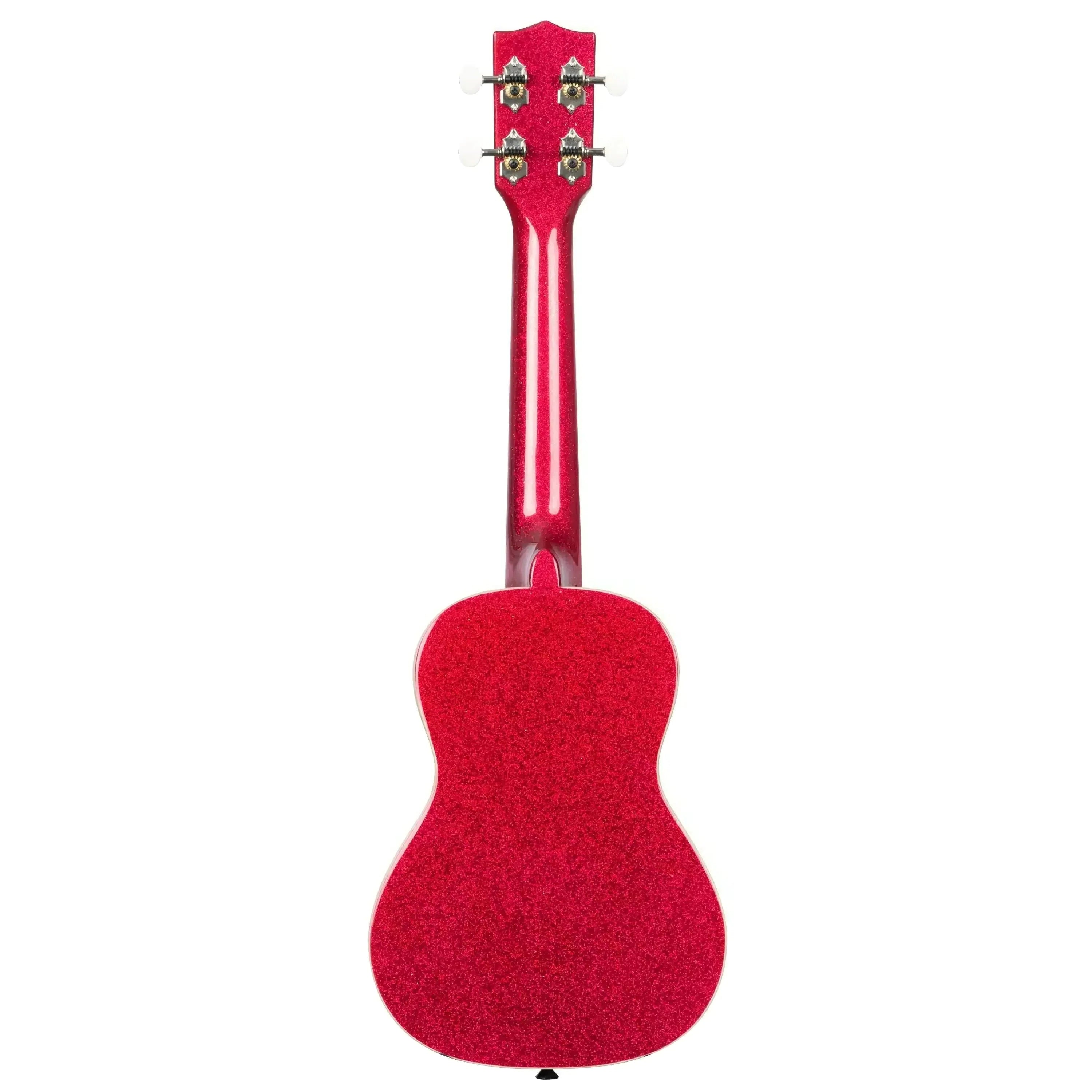 Kala SPRK-RED Ritzy Red Sparkle Concert Ukulele, back view, with gloss sparkle finish.