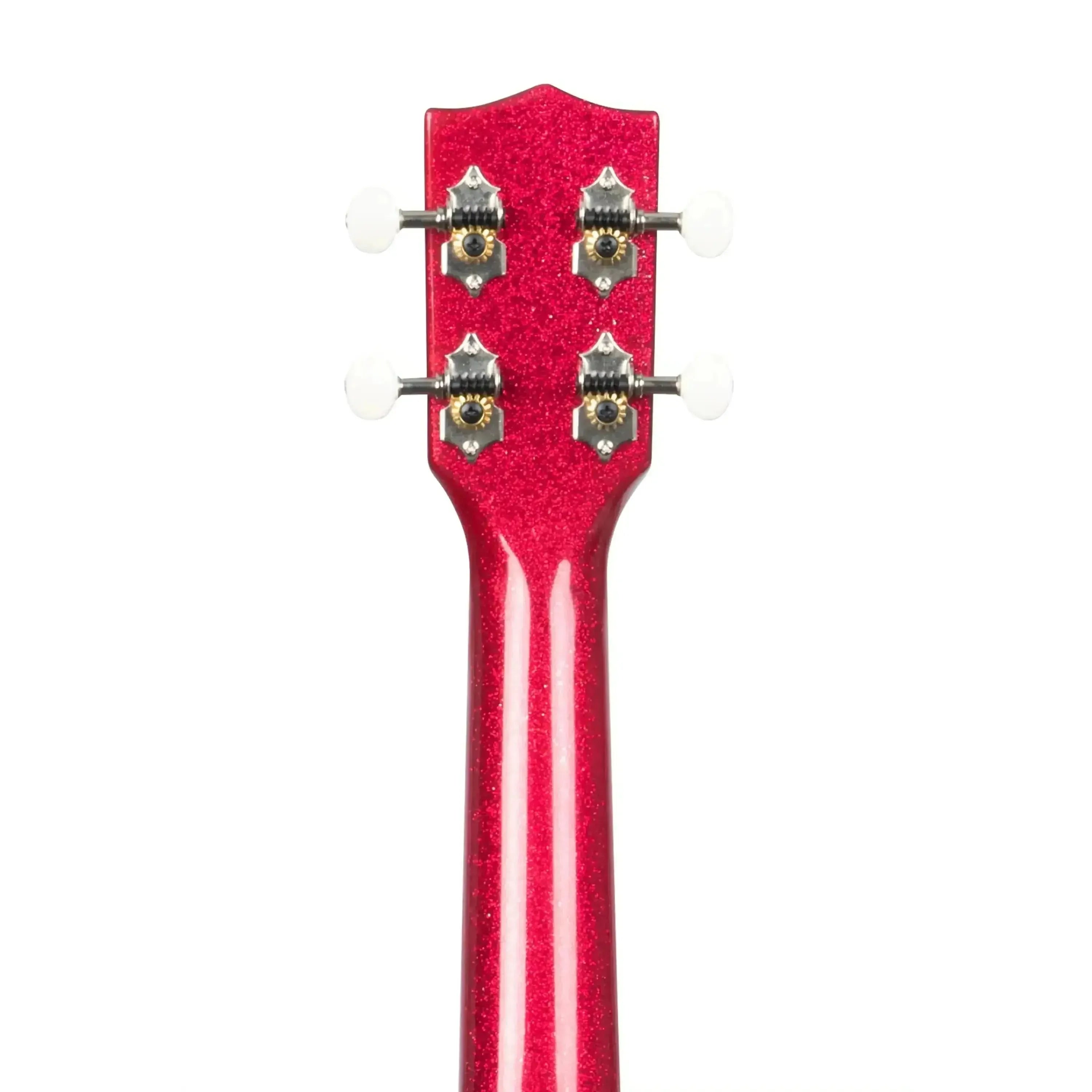 Kala SPRK-RED Ritzy Red Sparkle Concert Ukulele headstock and neck with white tuning pegs.