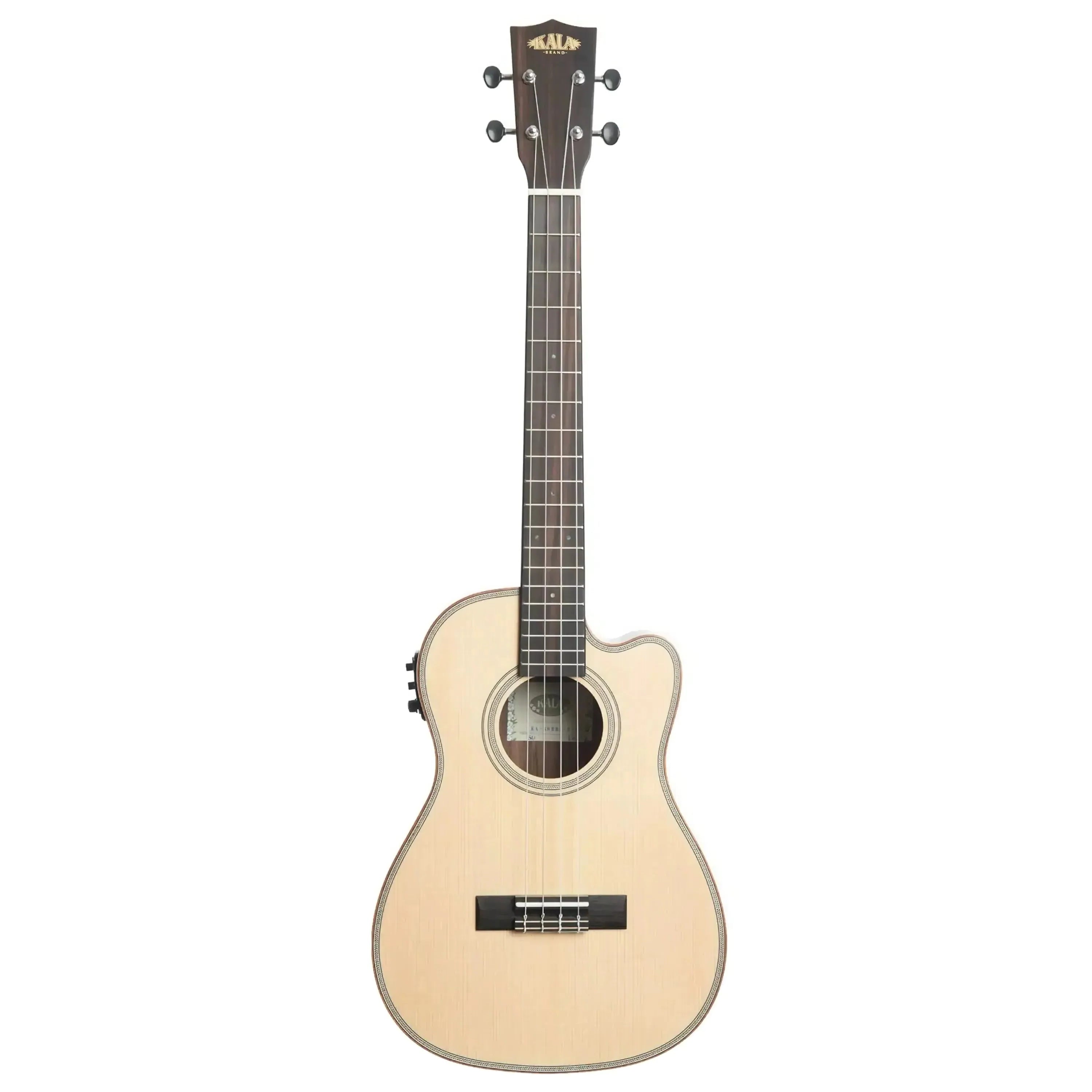 Kala SSEBY-B-CE Baritone Ukulele with solid spruce top, striped ebony back, and cutaway.