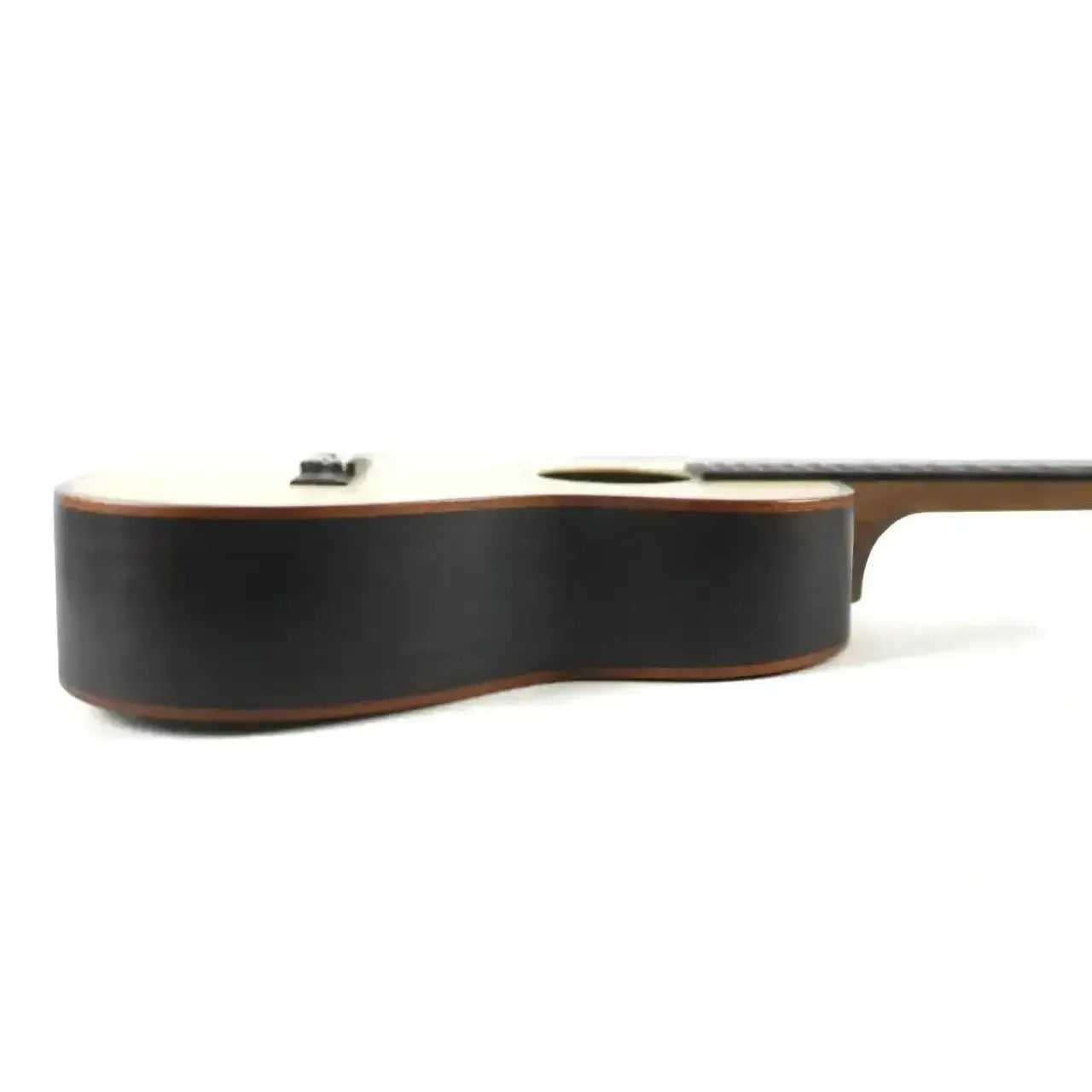 Kala SSEBY-B Baritone Ukulele side view, showing light spruce top and dark striped ebony back.