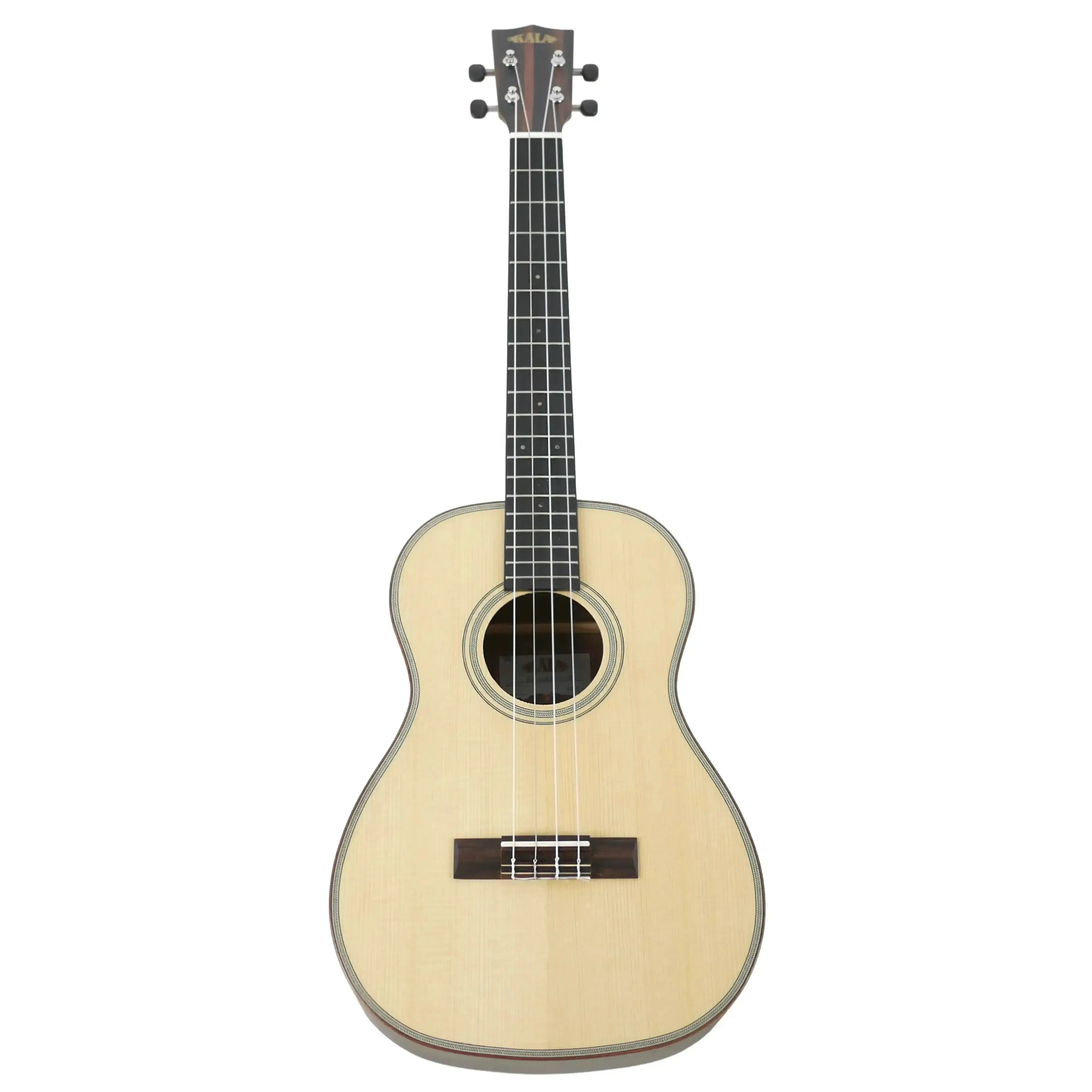 Kala SSEBY-B Baritone Ukulele with solid spruce top and striped ebony back/sides, satin finish.