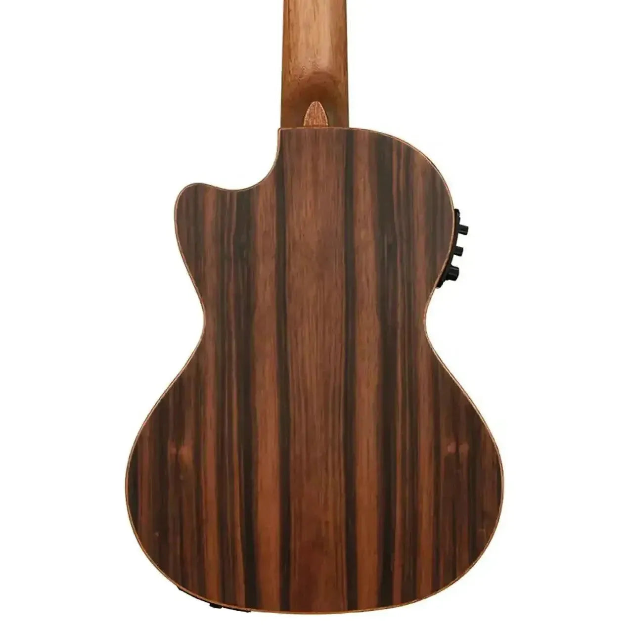 Back of a Kala Tenor Ukulele showing striped ebony wood grain, mahogany neck, and EQ controls.