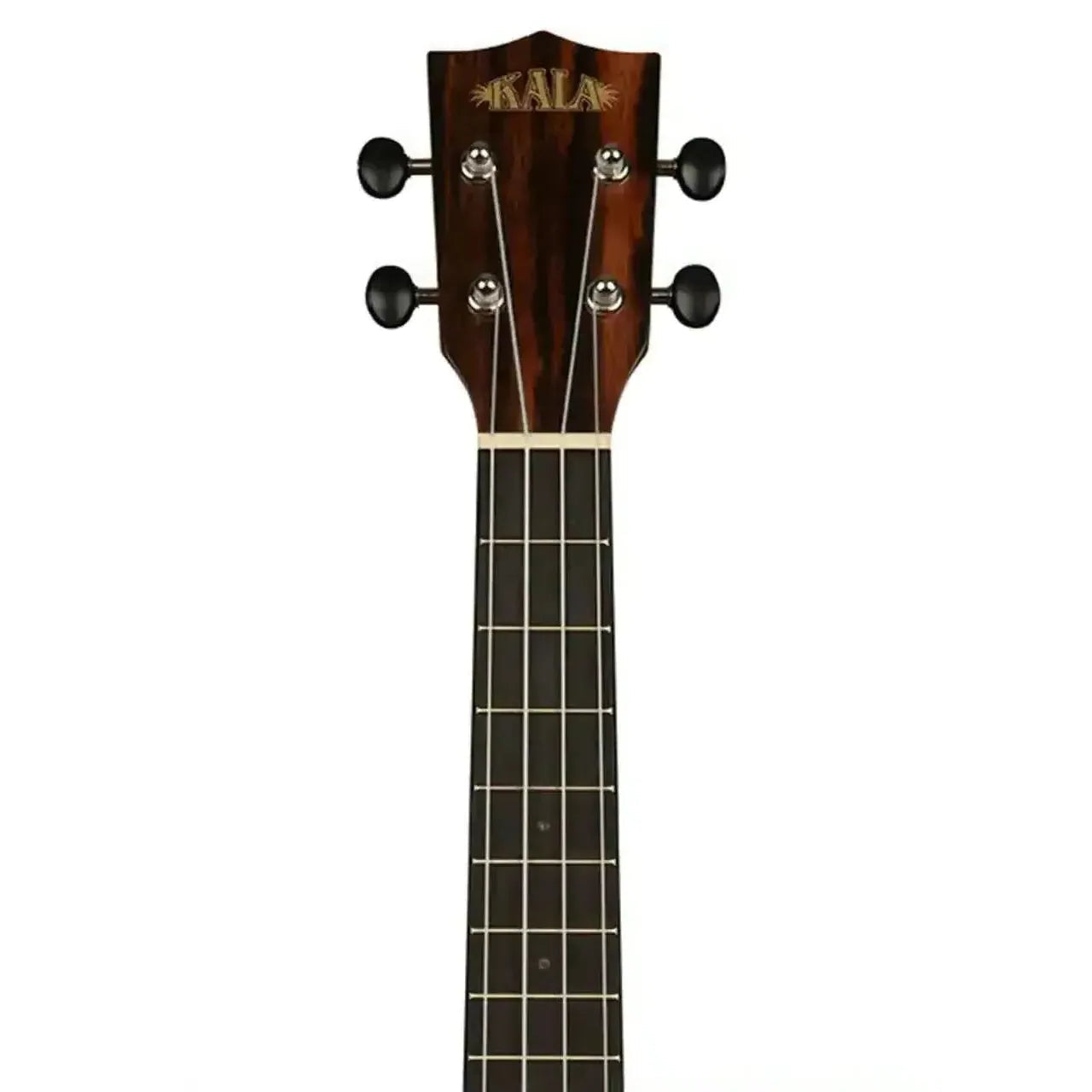 Kala tenor ukulele headstock and fretboard, featuring dark striped ebony wood and black tuning pegs.