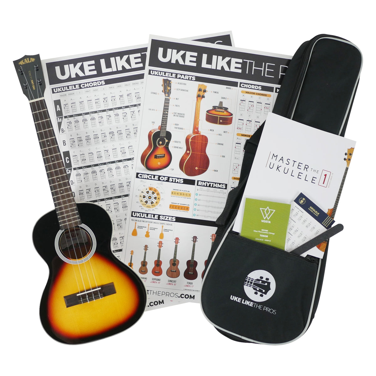 Kala SSMHG-C Concert Ukulele bundle contents: the ukulele, Uke Like The Pros padded gig bag, chord and parts posters, Master The Ukulele 1 book, Vosta string set, chord chart and nail file