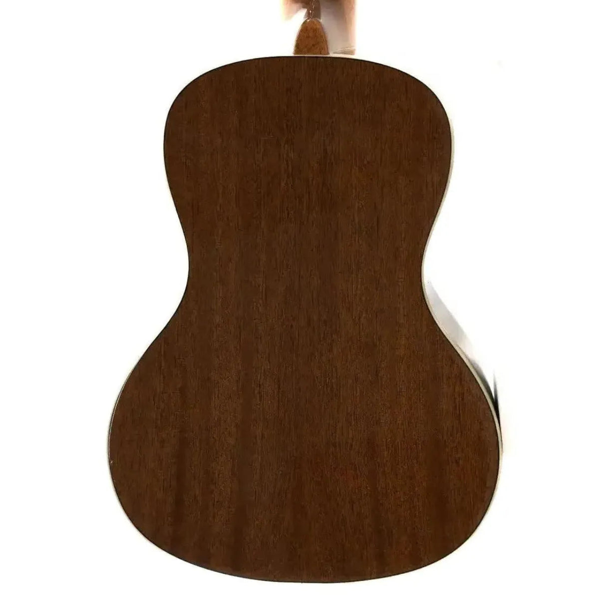 Back of a Kala concert ukulele with mahogany laminate, dark wood grain.