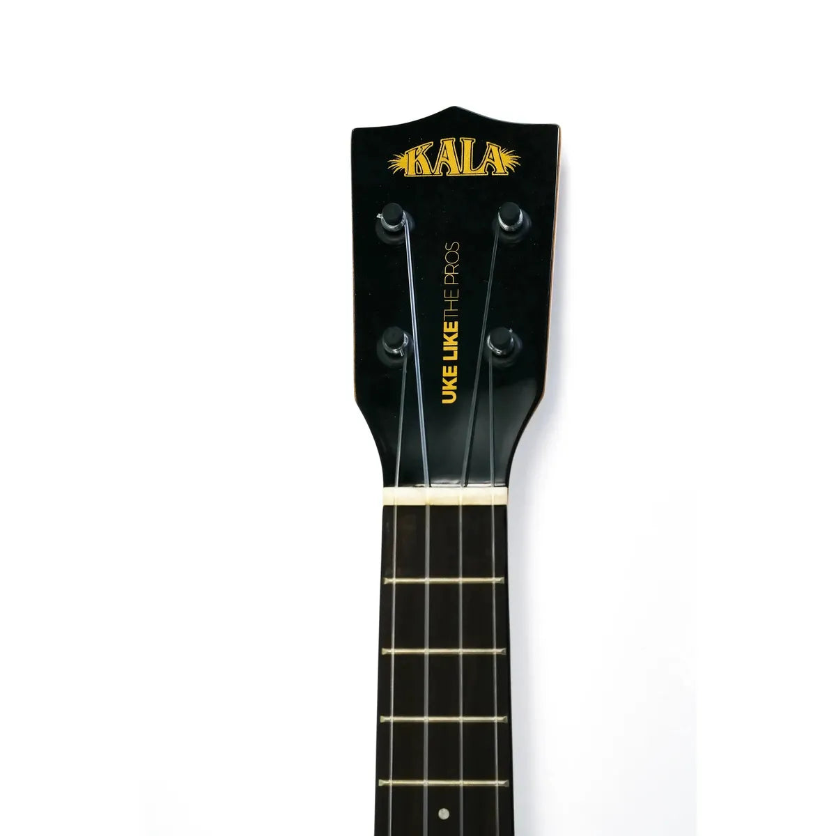 Kala concert ukulele headstock with "Uke Like The Pros" text, black finish, and tuning pegs.