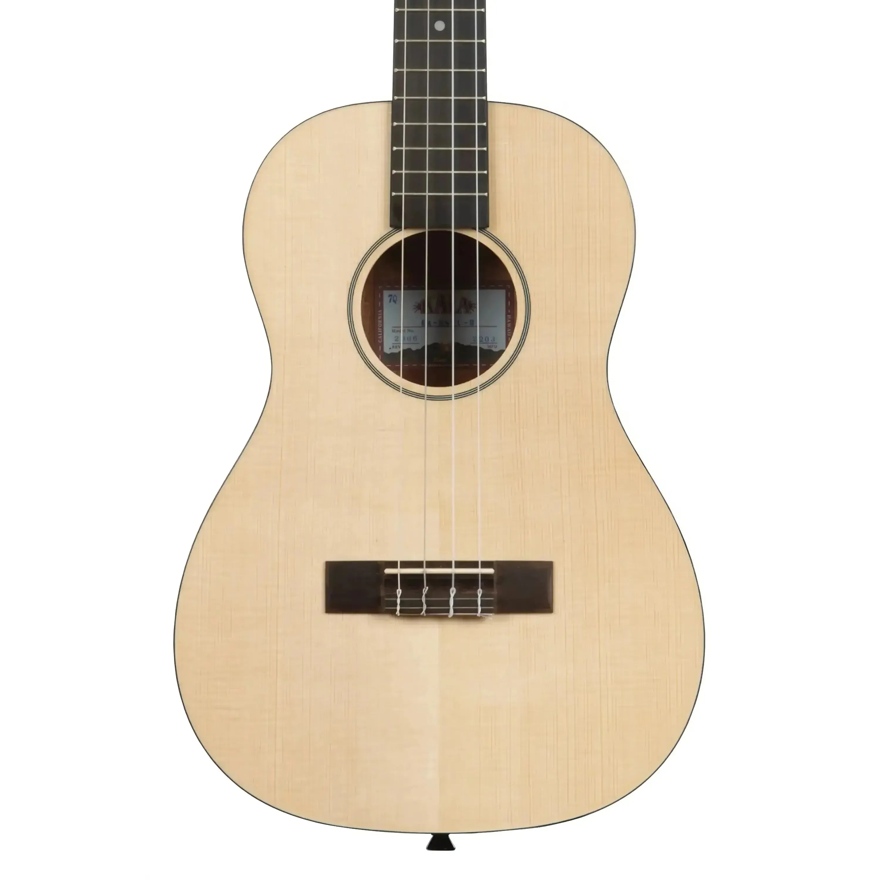 Kala Travel Thinbody Baritone Ukulele with light spruce top, dark rosewood bridge, and black binding.