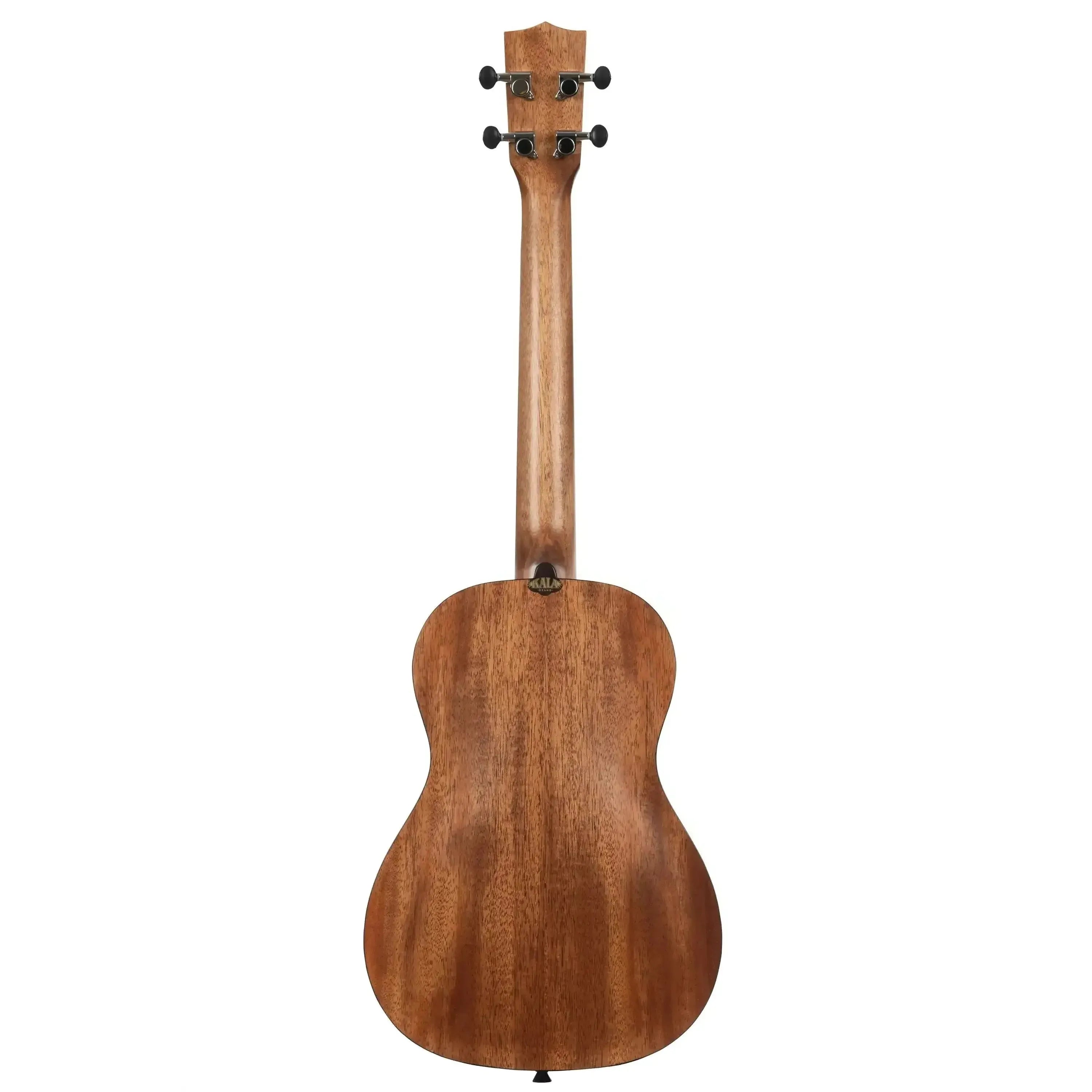 Back of Kala Travel Thinbody Baritone Ukulele, showing mahogany laminate wood grain and black tuning pegs.