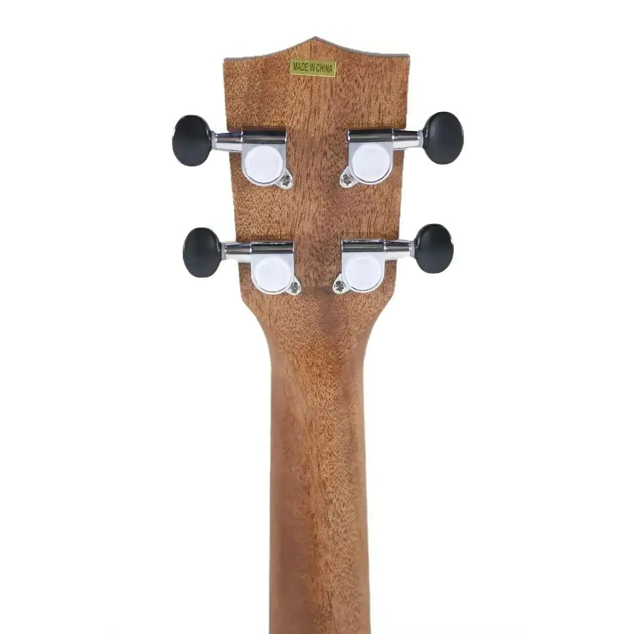 Back of Kala SSTU-C ukulele headstock with mahogany wood grain and four black and chrome tuners.