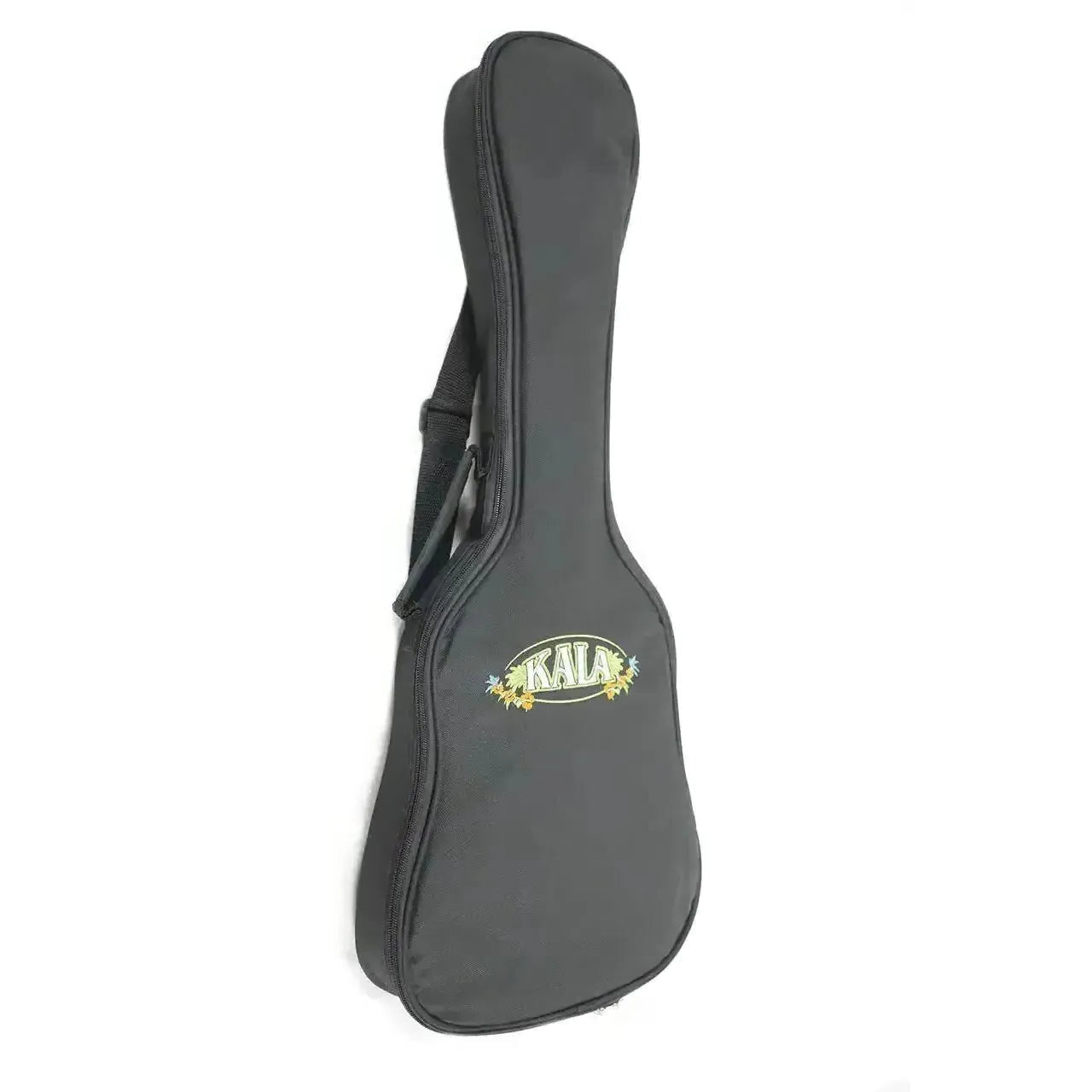 Black Kala ukulele gig bag with colorful floral logo and shoulder strap.