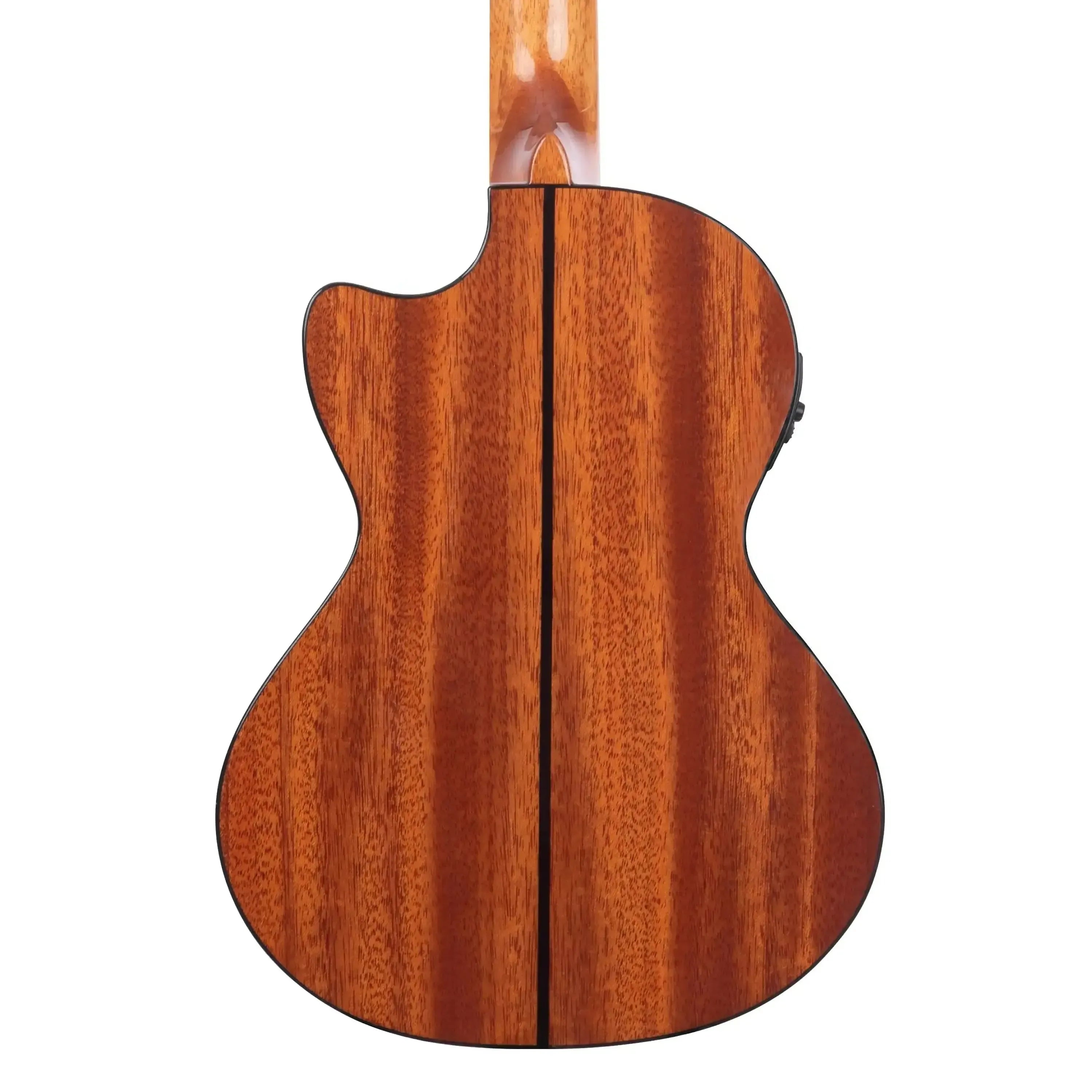 Back of a Kala STGE-C Tenor Ukulele, showing mahogany wood grain and Venetian cutaway.