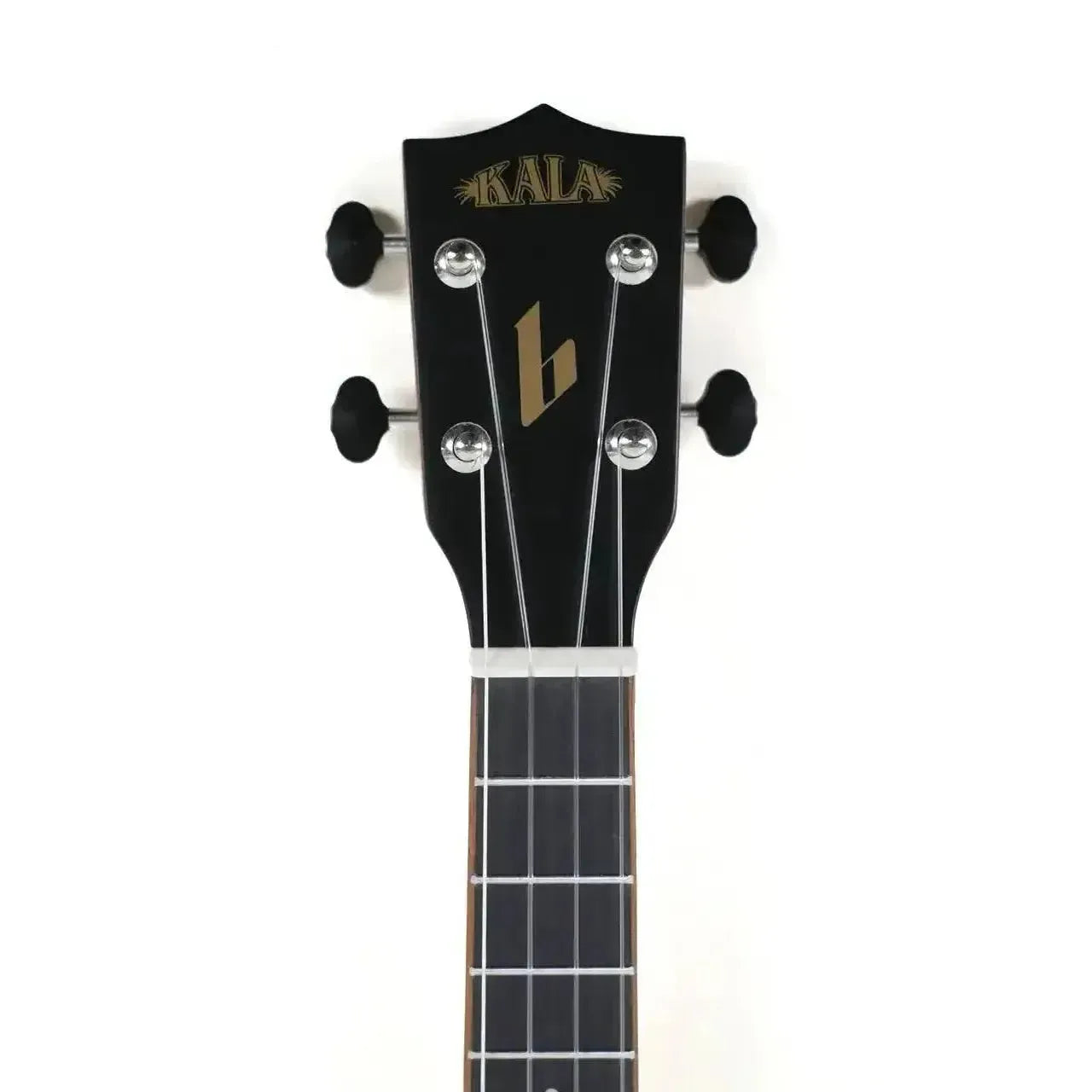 Kala Sunny & The Black Pack electric tenor ukulele headstock with gold logo and black tuners.
