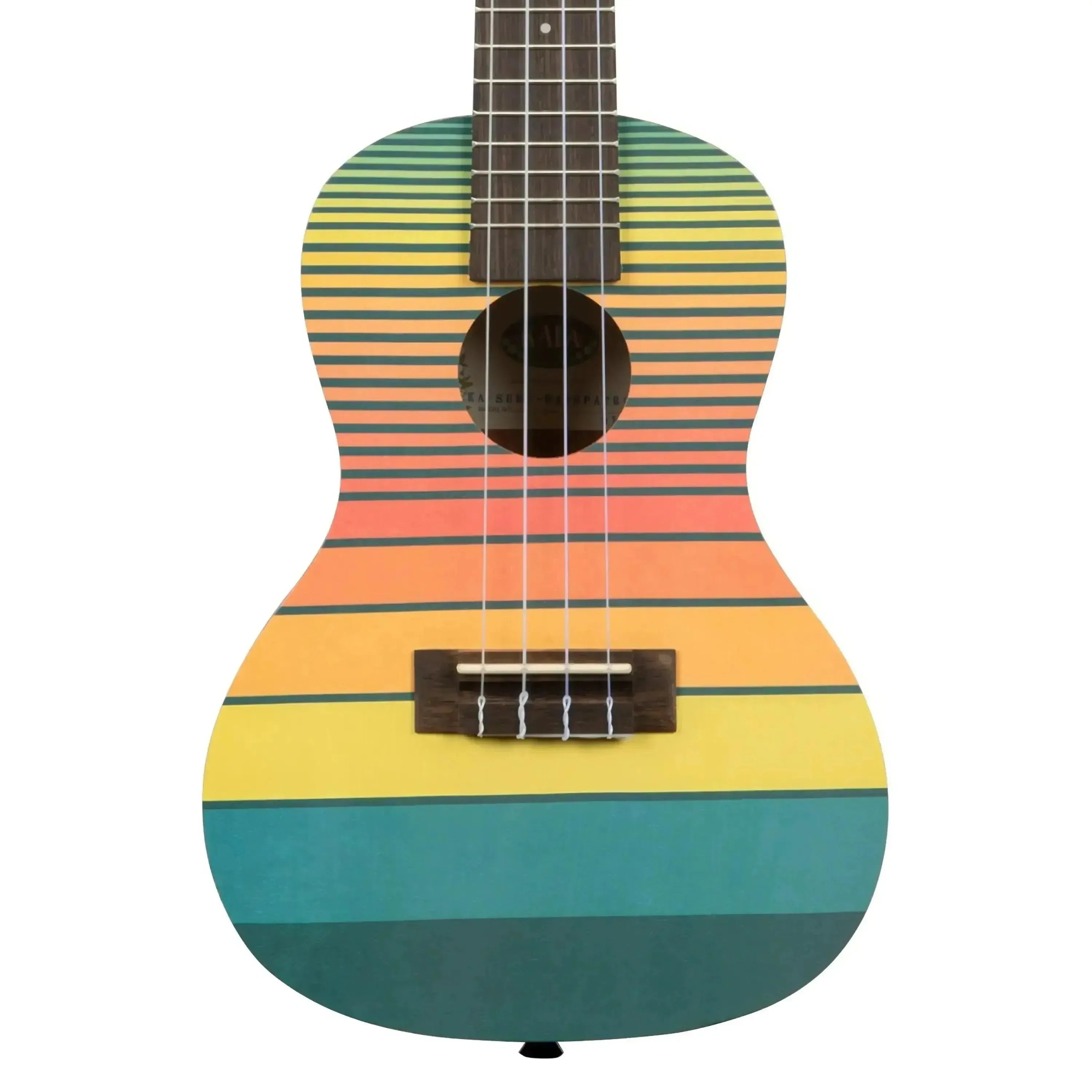Kala SURF-DAWNPATROL Concert Ukulele with colorful horizontal sunset stripes on spruce top.