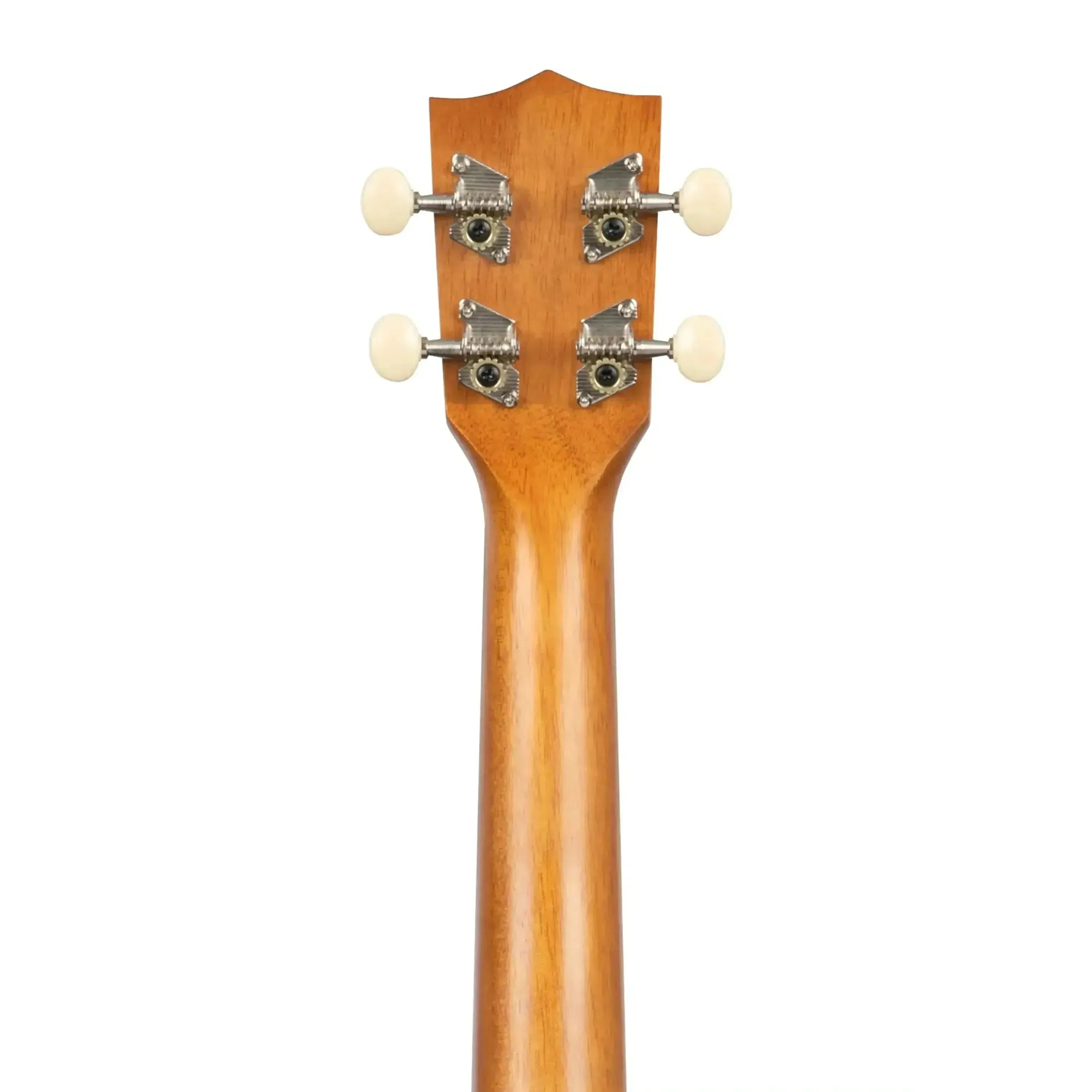 Back of Kala SURF-DAWNPATROL Concert Ukulele headstock and mahogany neck with four cream tuning pegs.