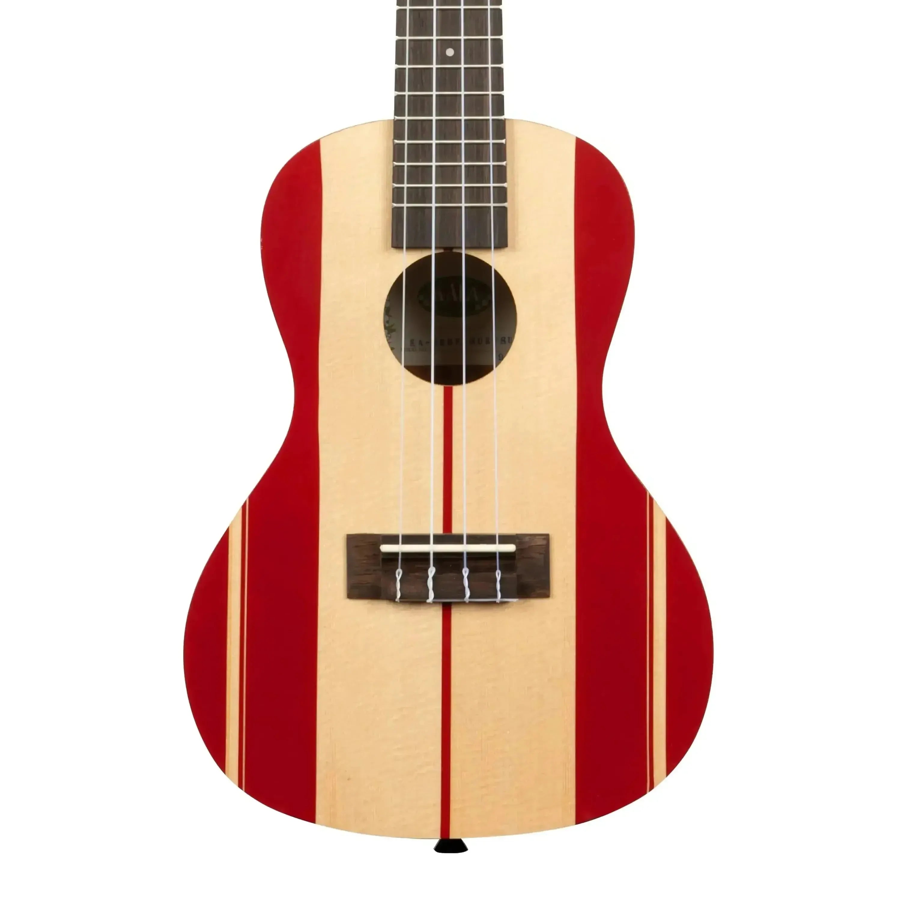 Kala SURF-SURFSUP Concert Ukulele with red and natural wood vertical stripes.