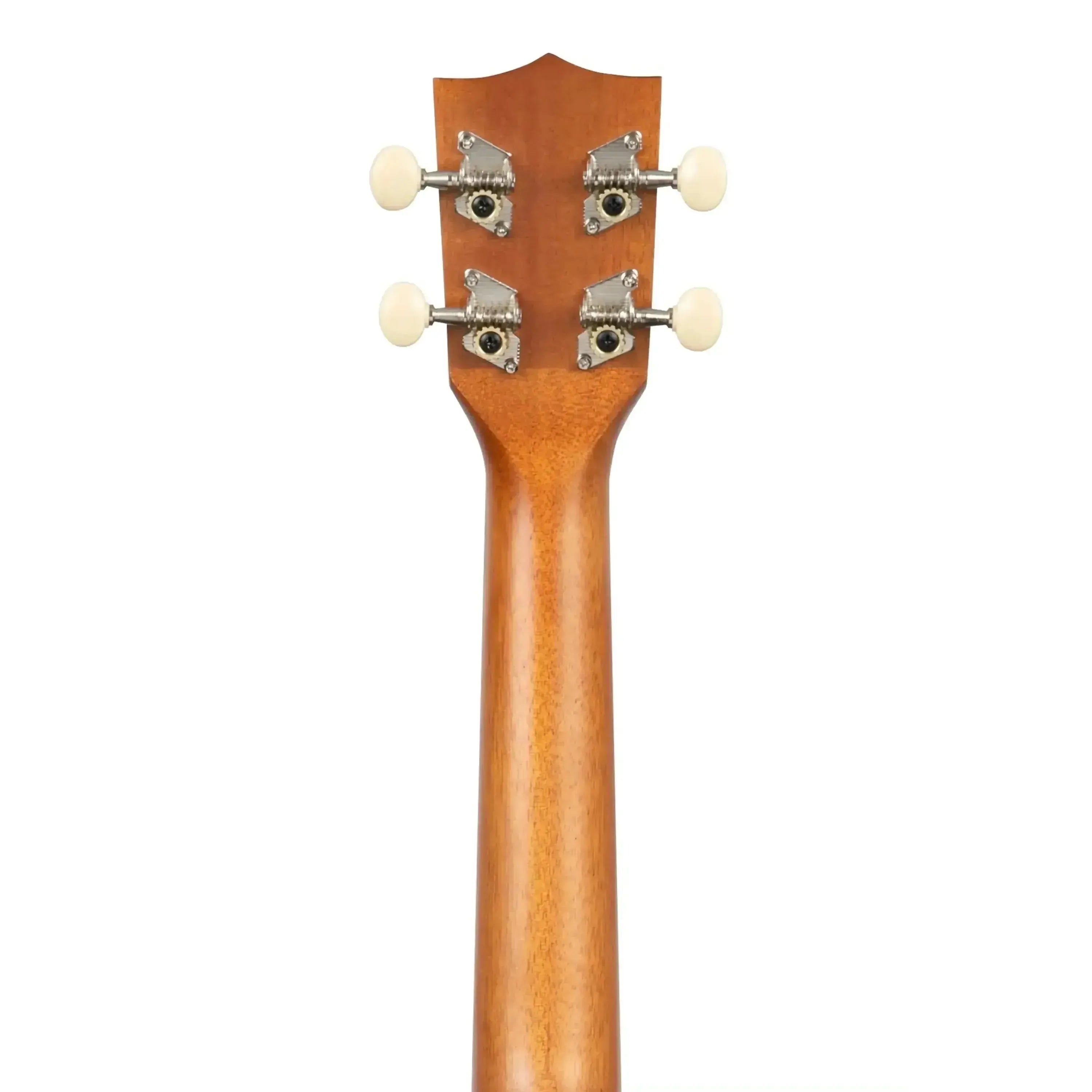 Back of Kala Concert Ukulele headstock and neck, showing mahogany wood and four cream tuning pegs.