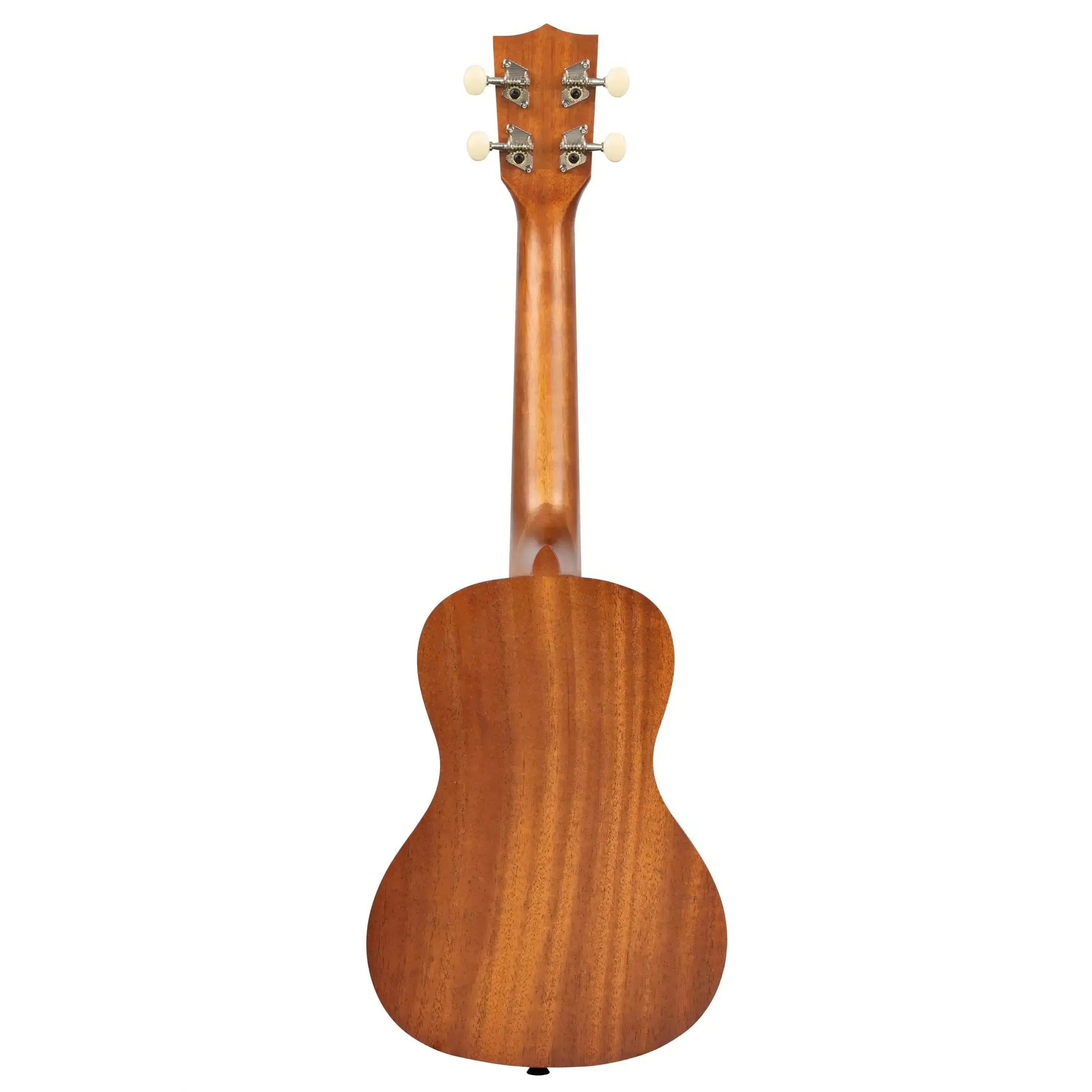 Back of Kala SURF-SWELL Concert Ukulele with mahogany body, neck, and headstock with white tuners.