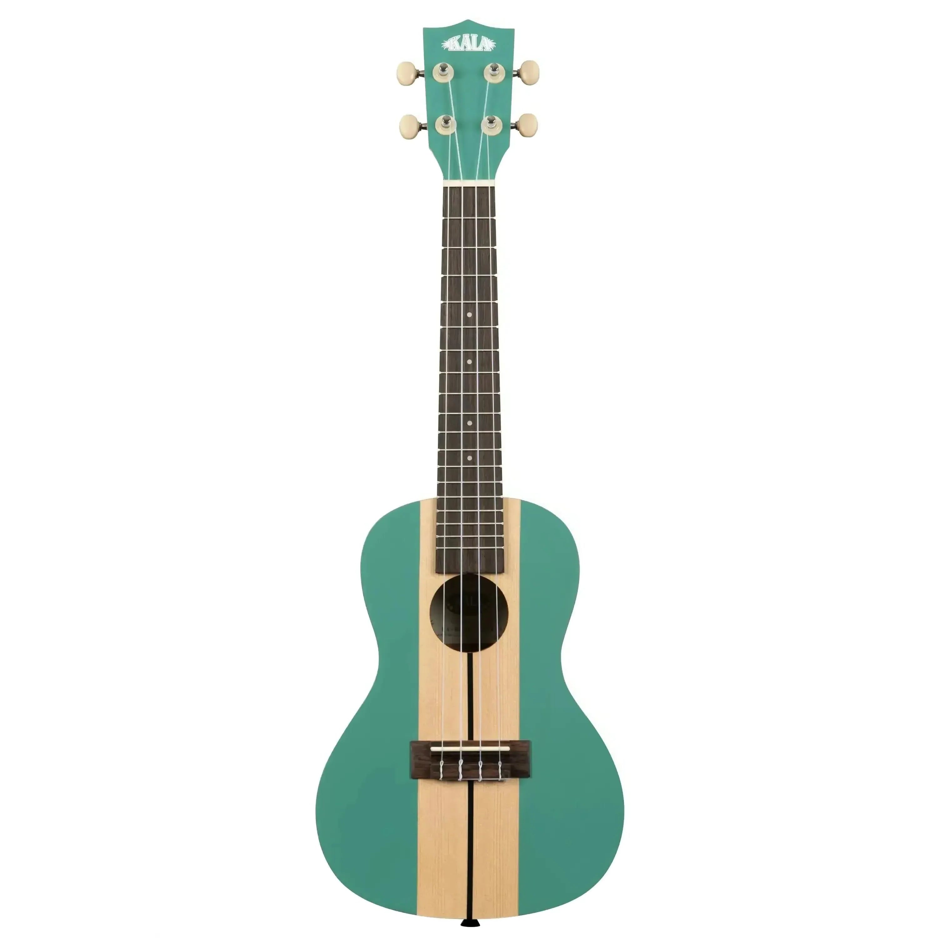 Kala SURF-WIPEOUT Concert Ukulele with teal body and natural wood stripe, spruce top, mahogany back.