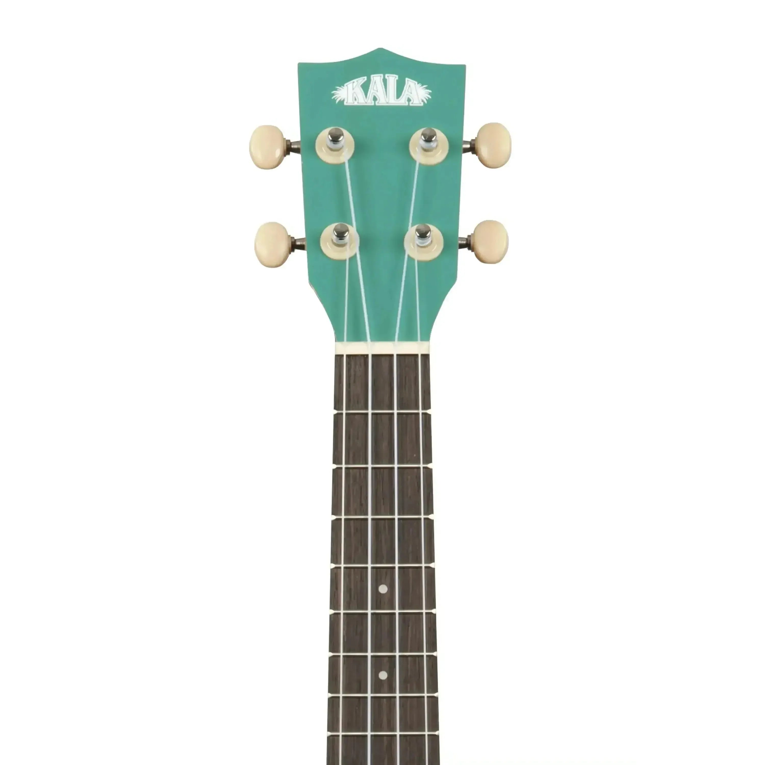 Kala SURF-WIPEOUT Concert Ukulele headstock in teal with white tuning pegs and rosewood fingerboard.