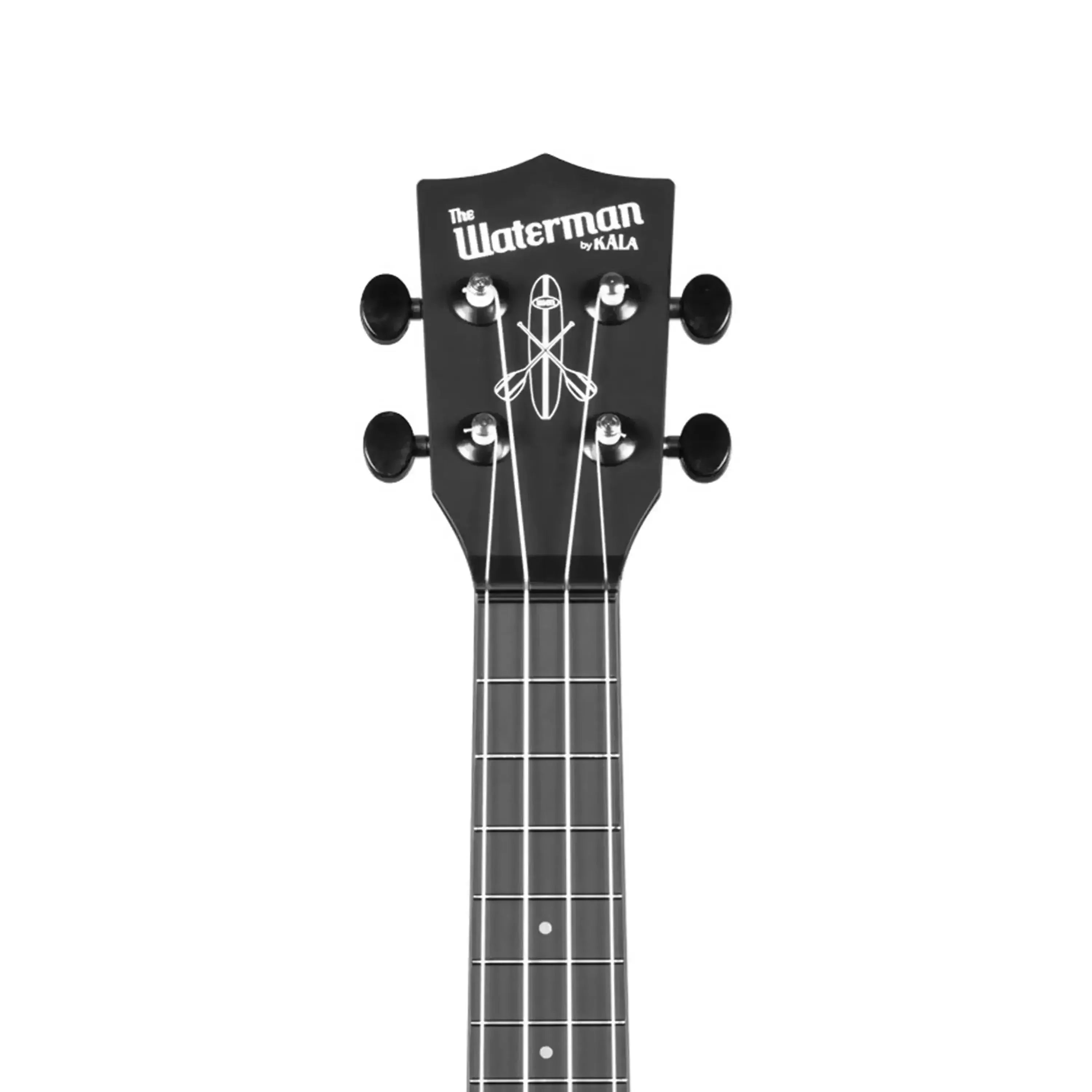 Kala Waterman black soprano ukulele headstock with tuning pegs and logo.