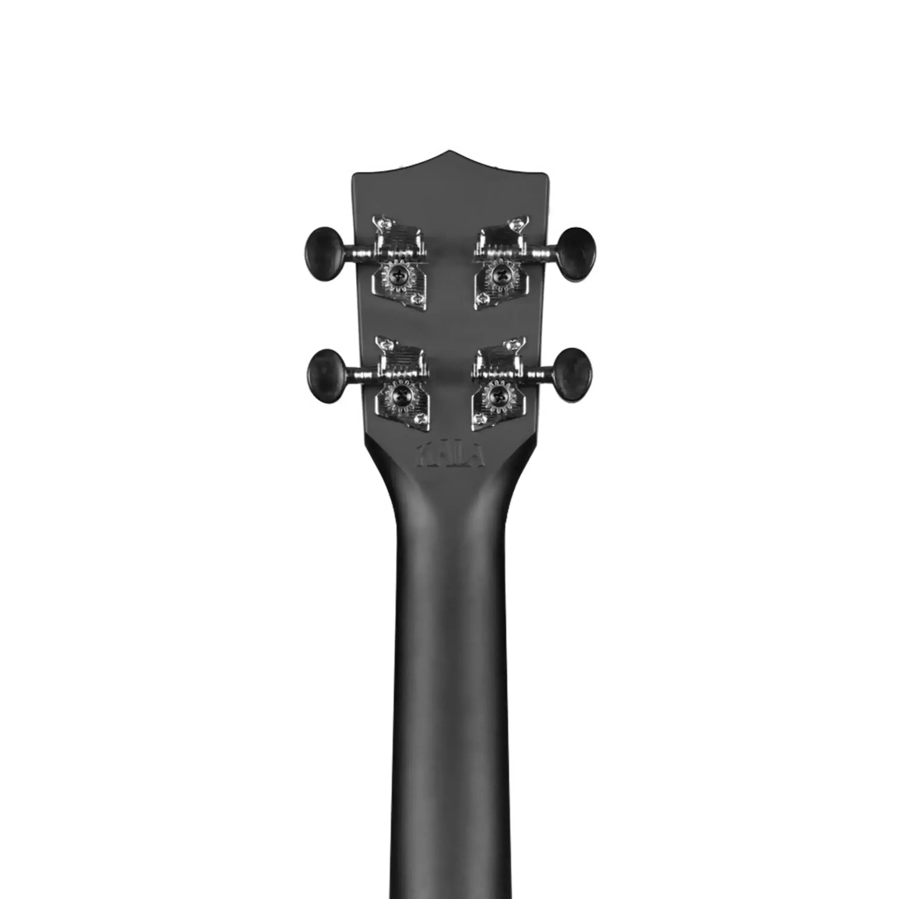 Kala Waterman Black Soprano Ukulele headstock with matte finish, black tuners, and Kala logo.