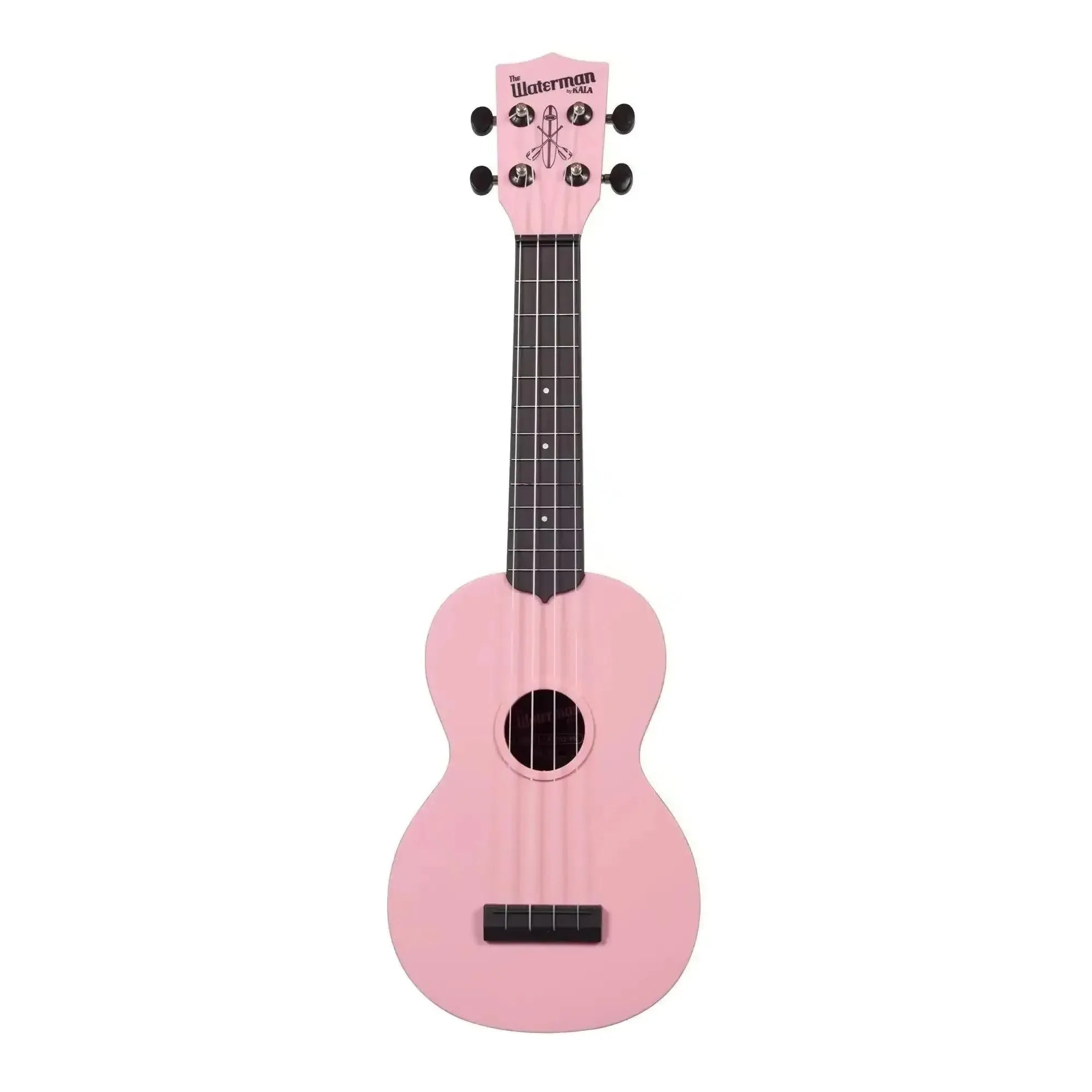 Kala Waterman Soft Pink Soprano Ukulele with black fretboard, bridge, and tuning pegs.