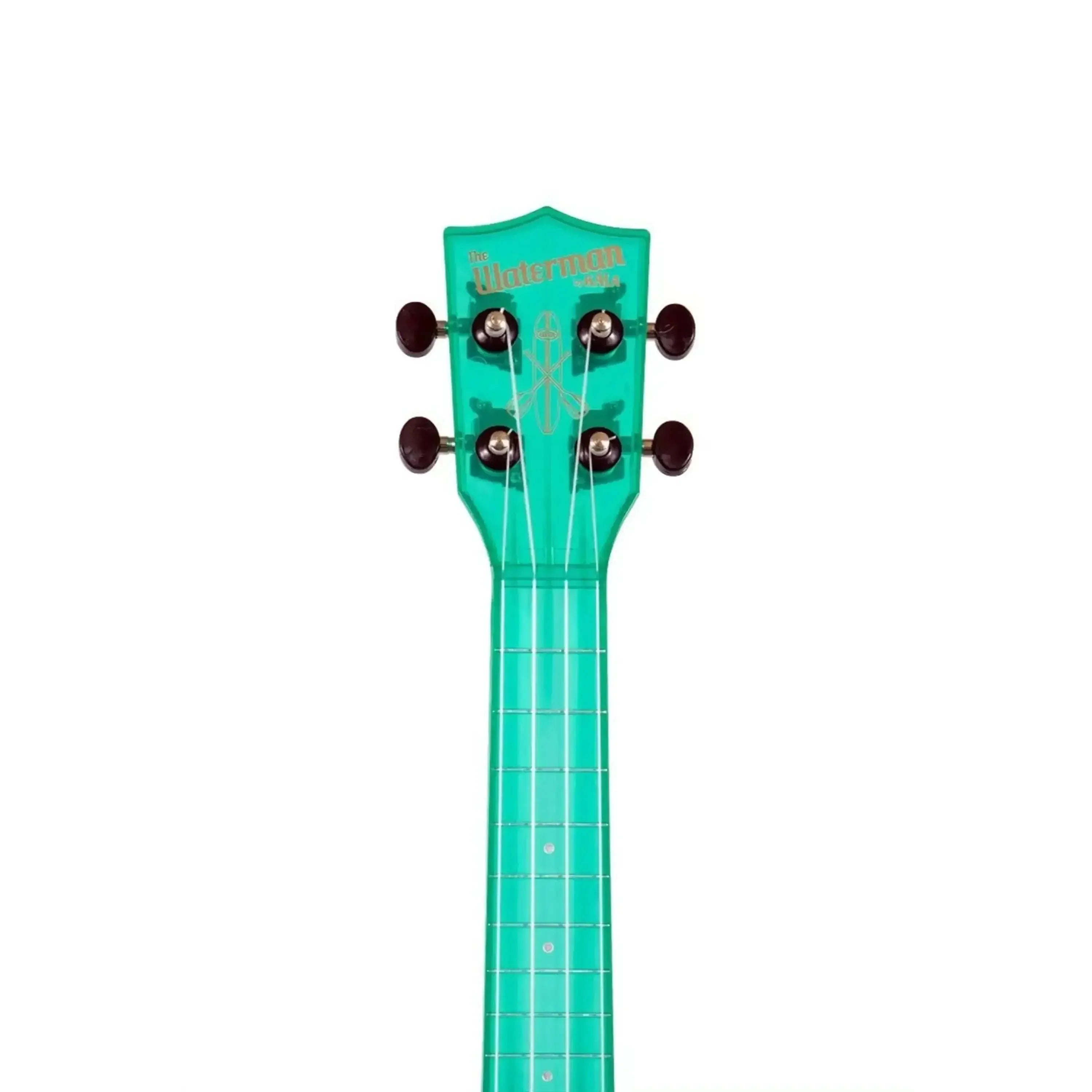 Kala Waterman Fluorescent Blue Raspberry Soprano Ukulele headstock and neck.