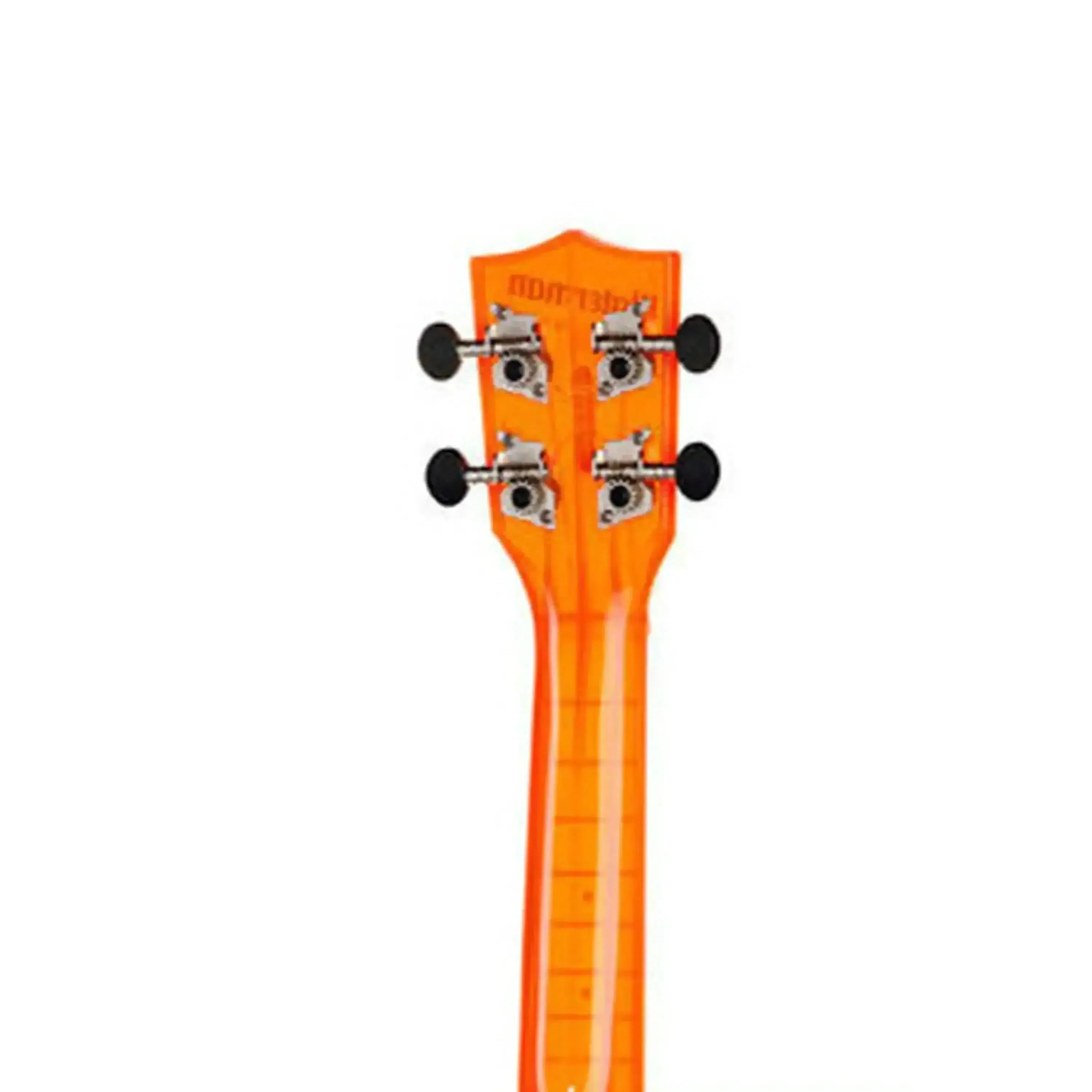 Kala Waterman Fluorescent Orange Soprano Ukulele headstock and neck, showing tuning pegs.