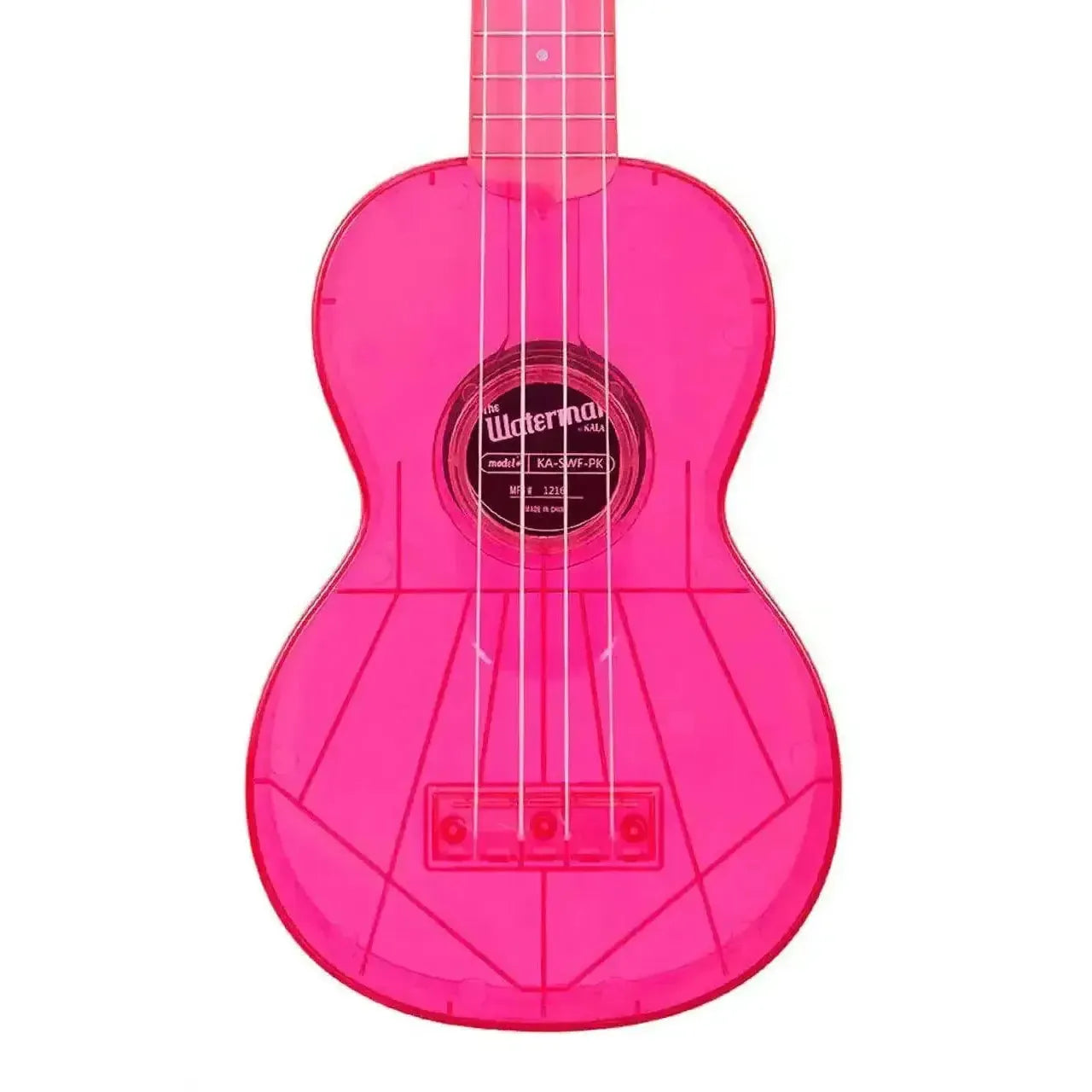 Kala Waterman fluorescent watermelon pink soprano ukulele with ABS composite body and white strings.