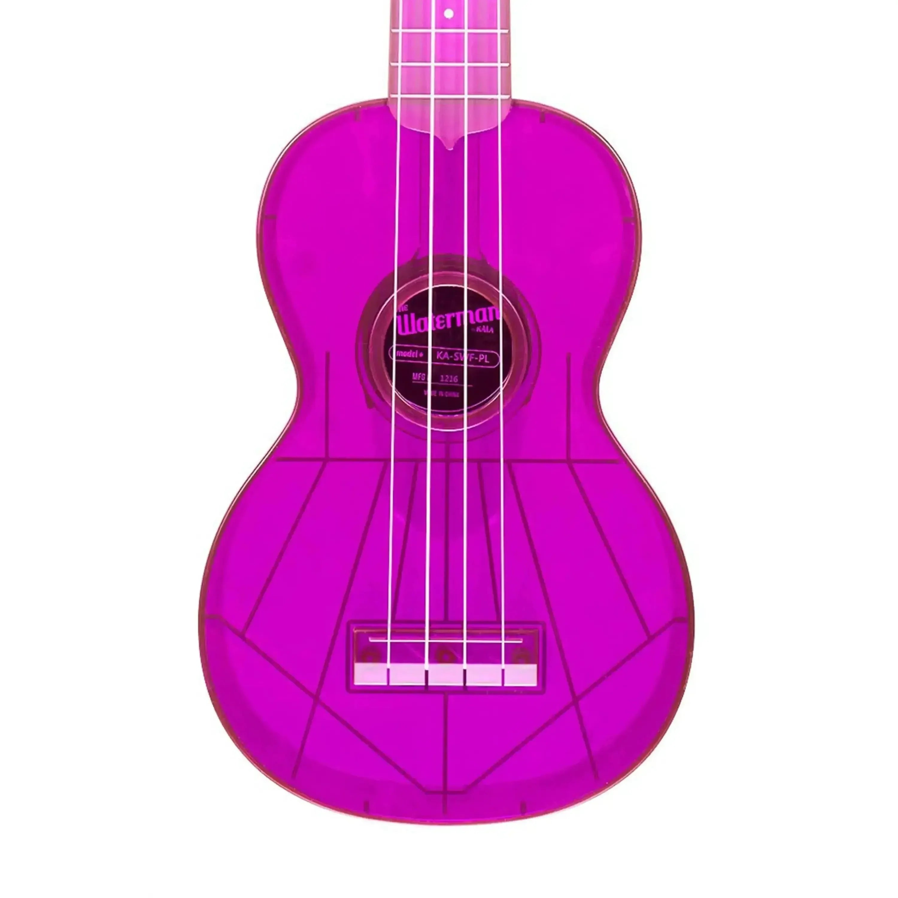 Kala Waterman fluorescent purple soprano ukulele made of transparent ABS composite.