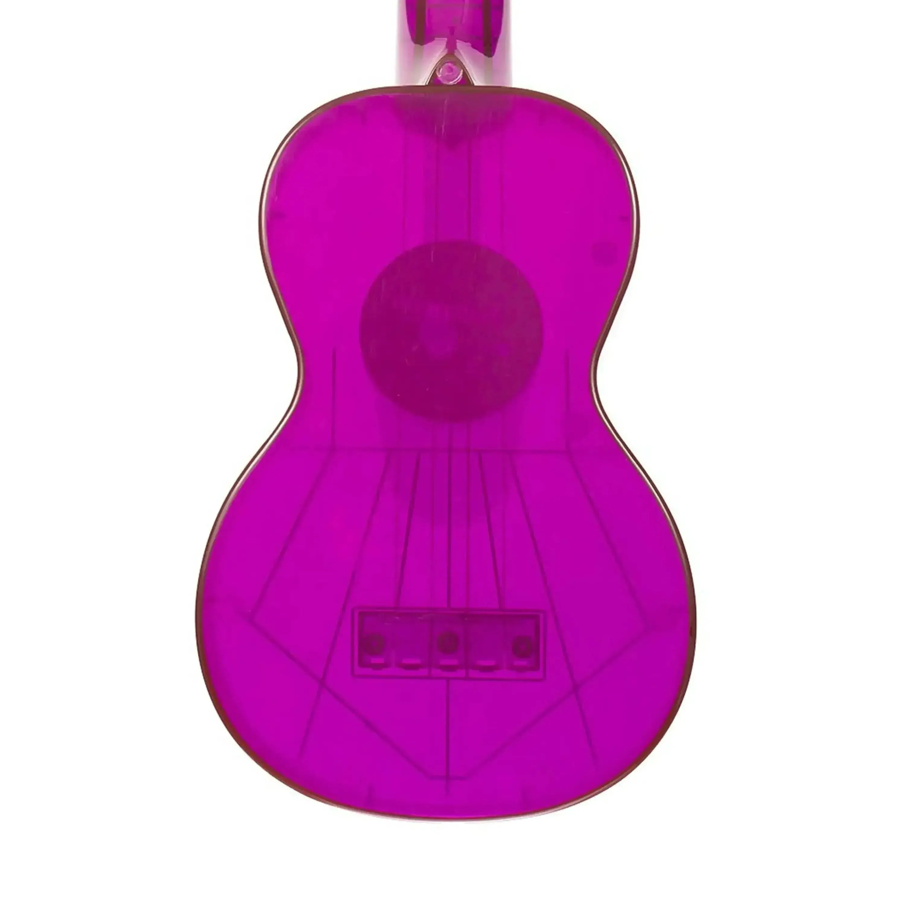 Back of a vibrant fluorescent purple Kala Waterman soprano ukulele made of transparent ABS composite.