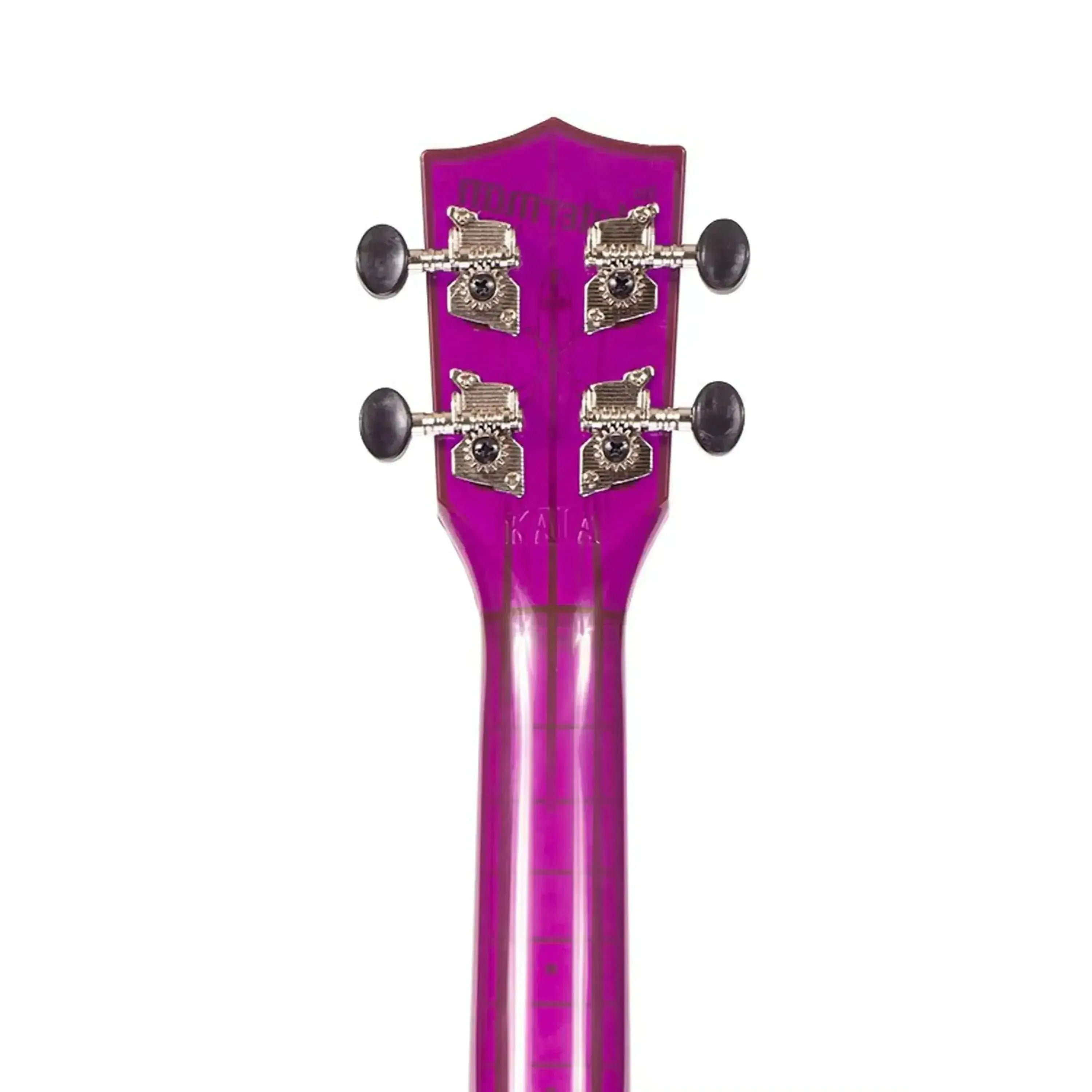 Kala Waterman Fluorescent Purple Soprano Ukulele headstock with black tuning pegs.