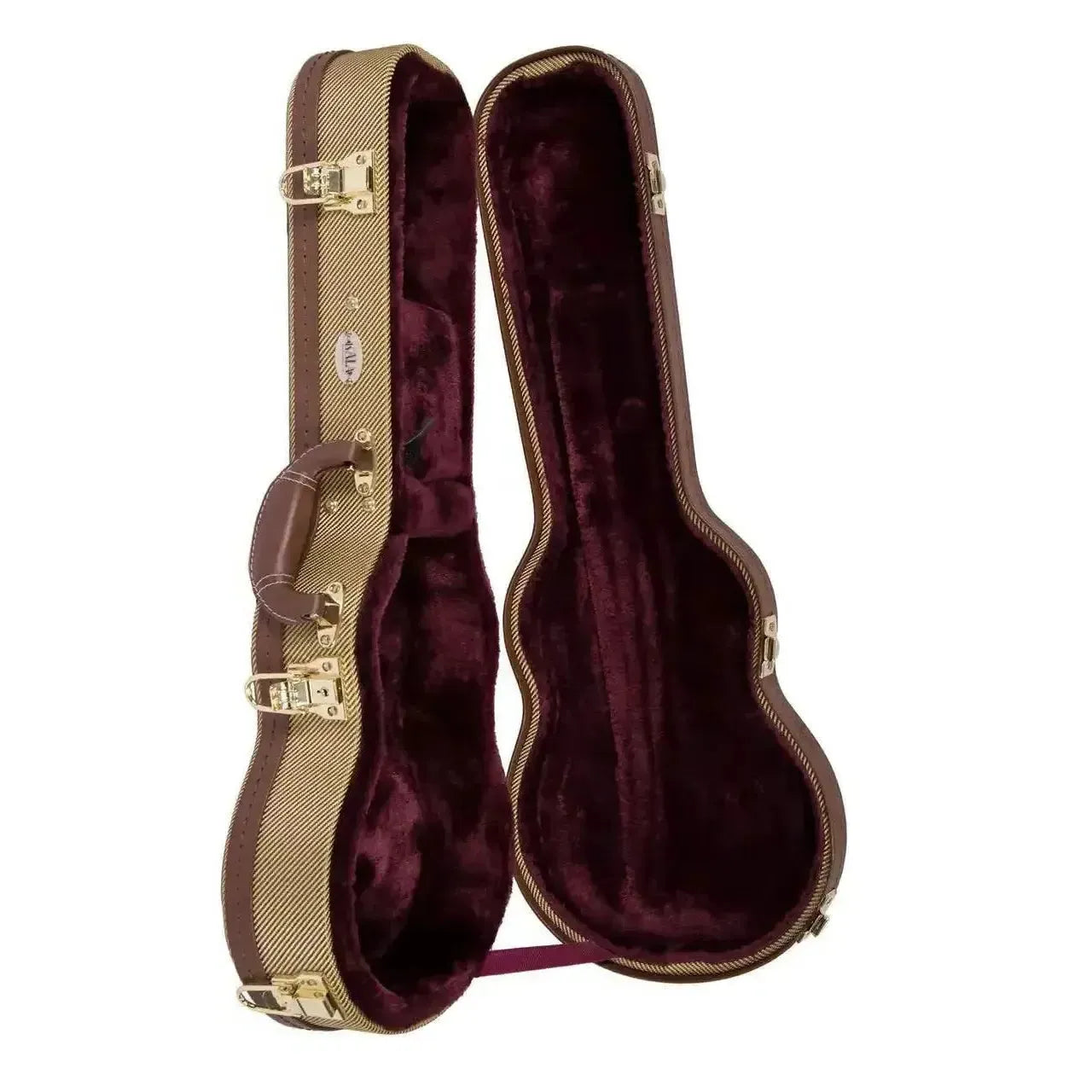 Kala TCC-AT tweed archtop concert ukulele hardshell case with plush burgundy interior and antiqued hardware.