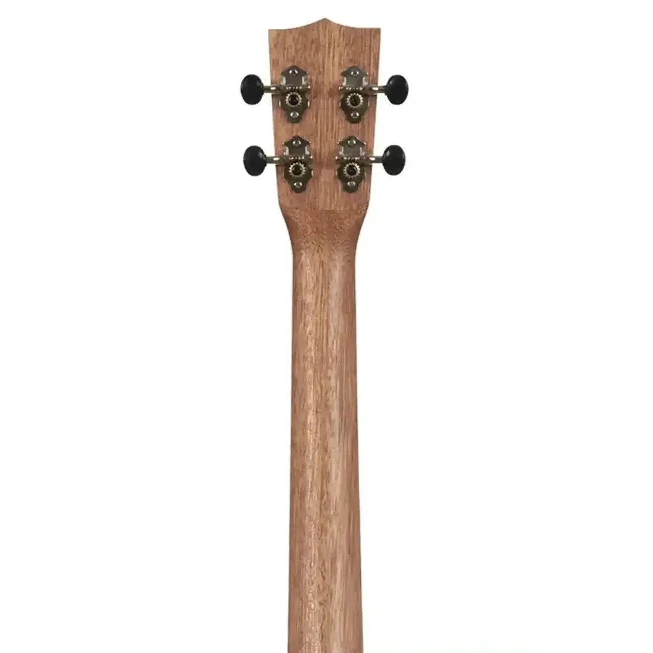 Back of Kala Teak Baritone Ukulele neck and headstock with chrome open-geared tuners.