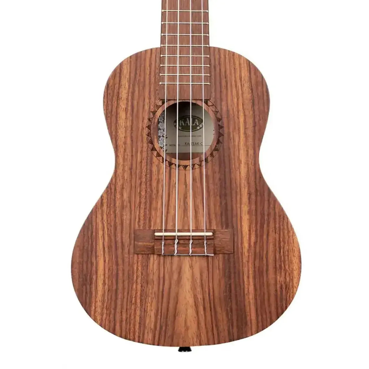 Kala TEAK-C Teak Concert Ukulele with a satin-finished teak body and decorative soundhole rosette.