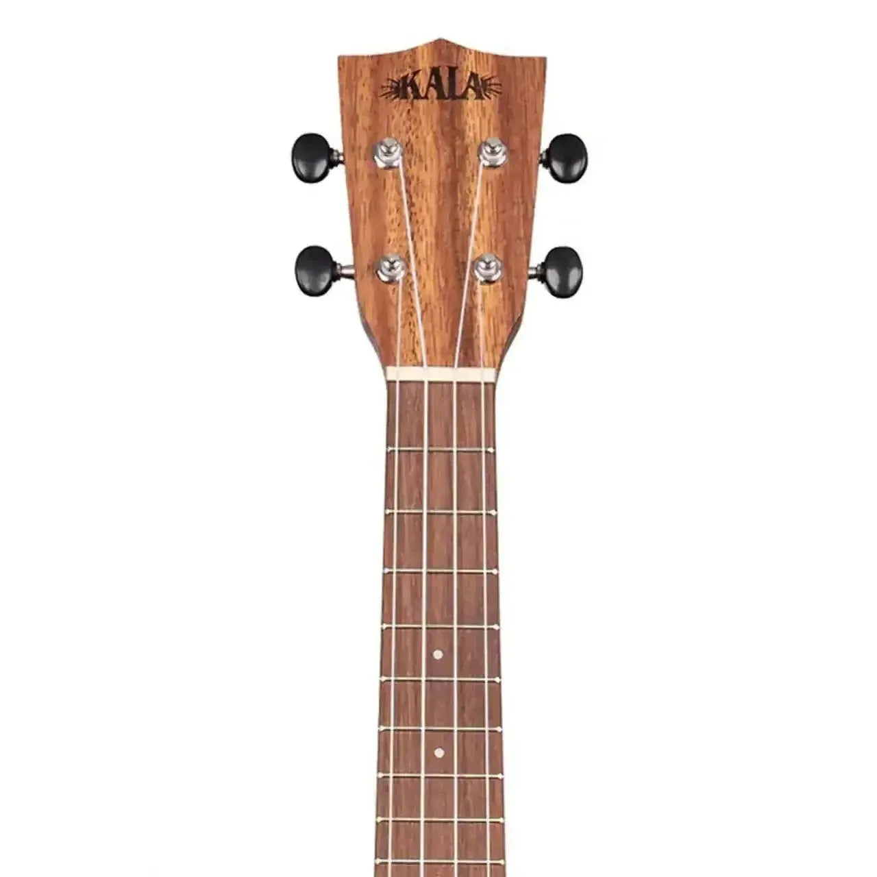 Kala Teak Concert Ukulele headstock with chrome open gear tuners and "KALA" logo.