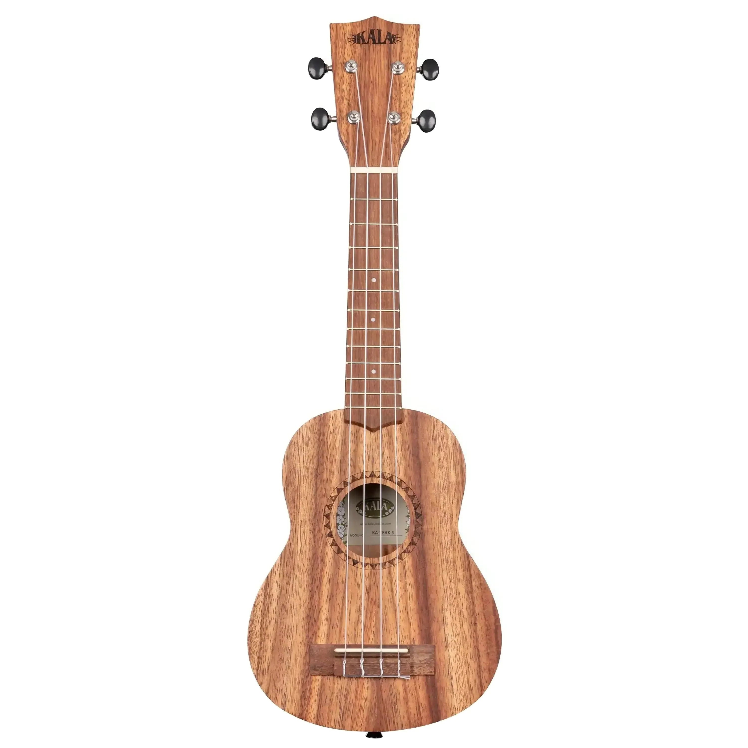 Kala TEAK-S Teak Soprano Ukulele with soft brown wood grain and decorative rosette.