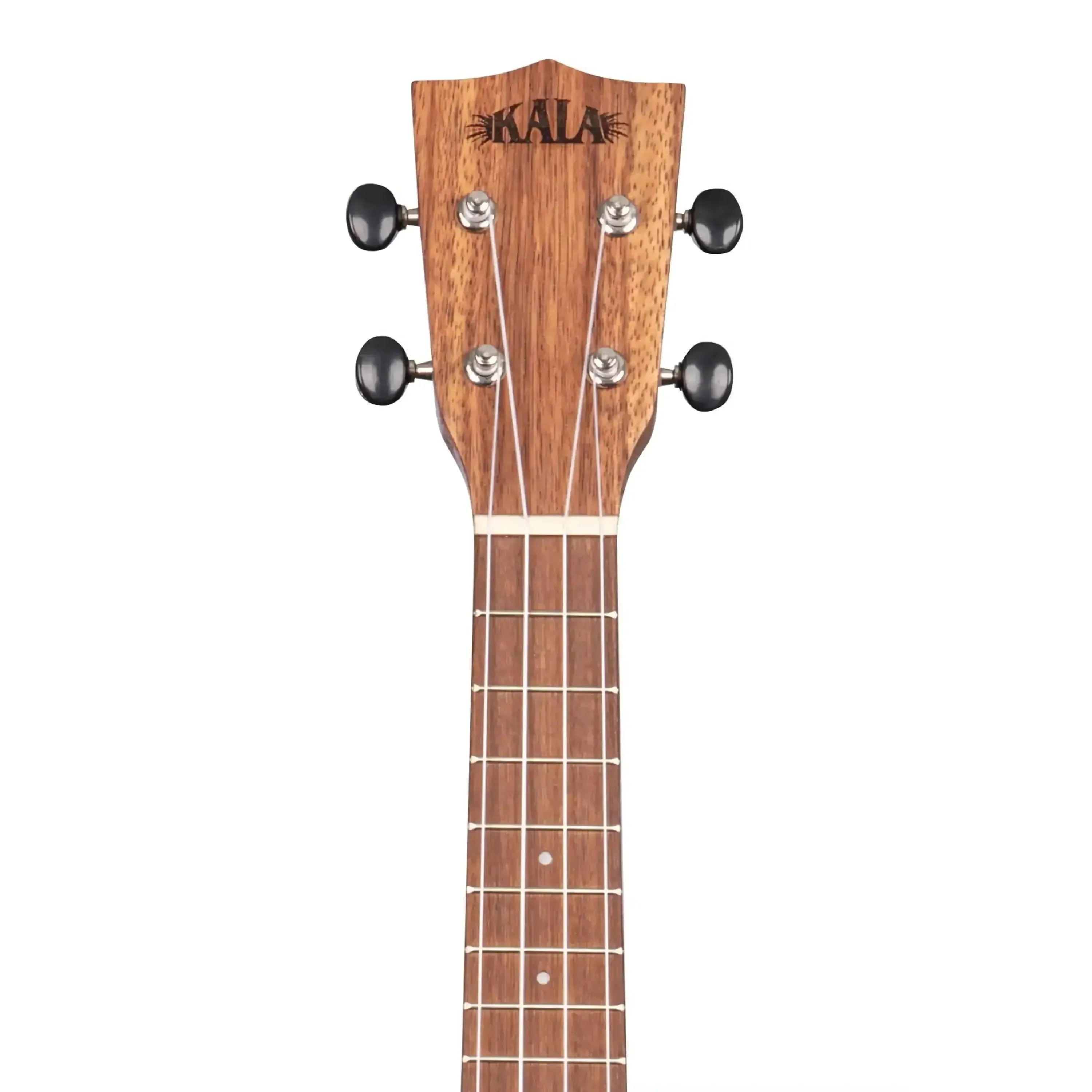 Kala Teak Soprano Ukulele headstock with dark brown wood, black tuning pegs, and white strings.