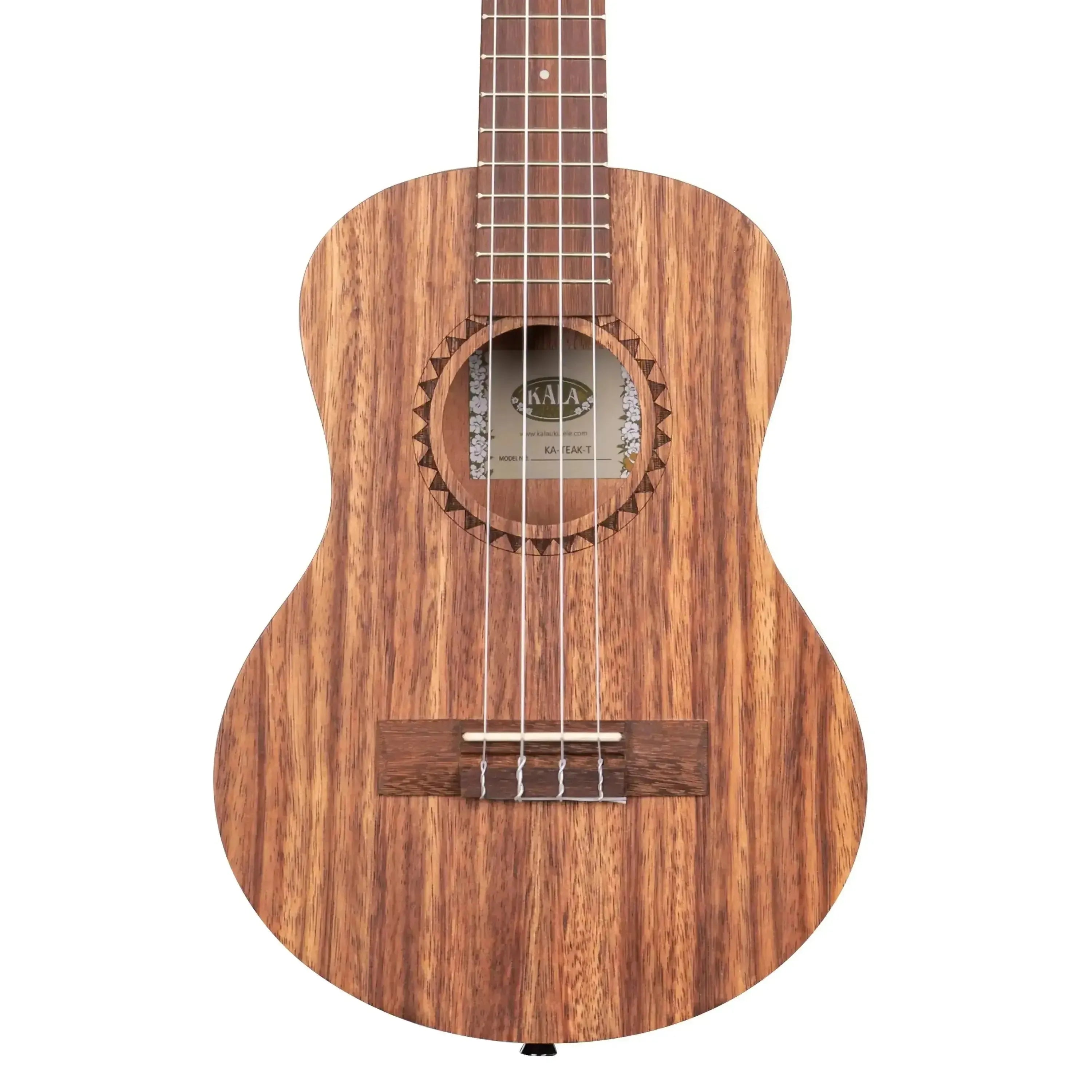Kala TEAK-T Tenor Ukulele with a natural teak wood body, satin finish, and decorative soundhole rosette.