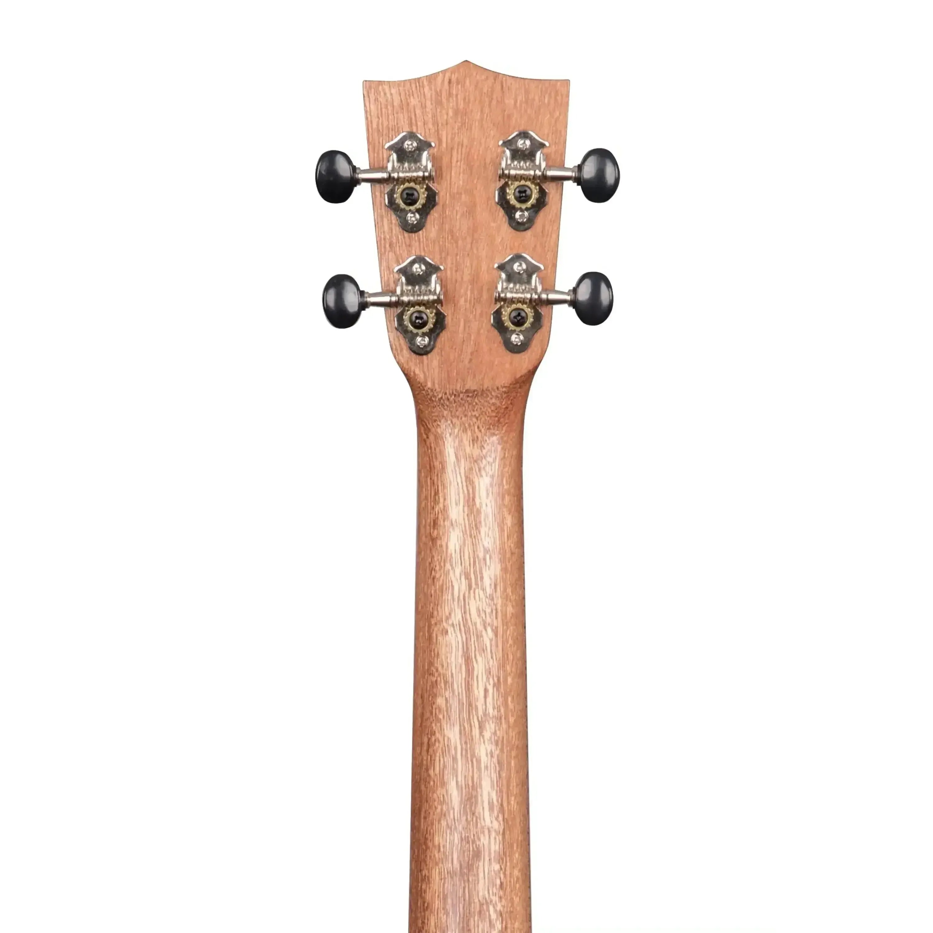 Back of Kala TEAK-T Tenor Ukulele headstock and neck, showing teak wood grain and black tuning pegs.