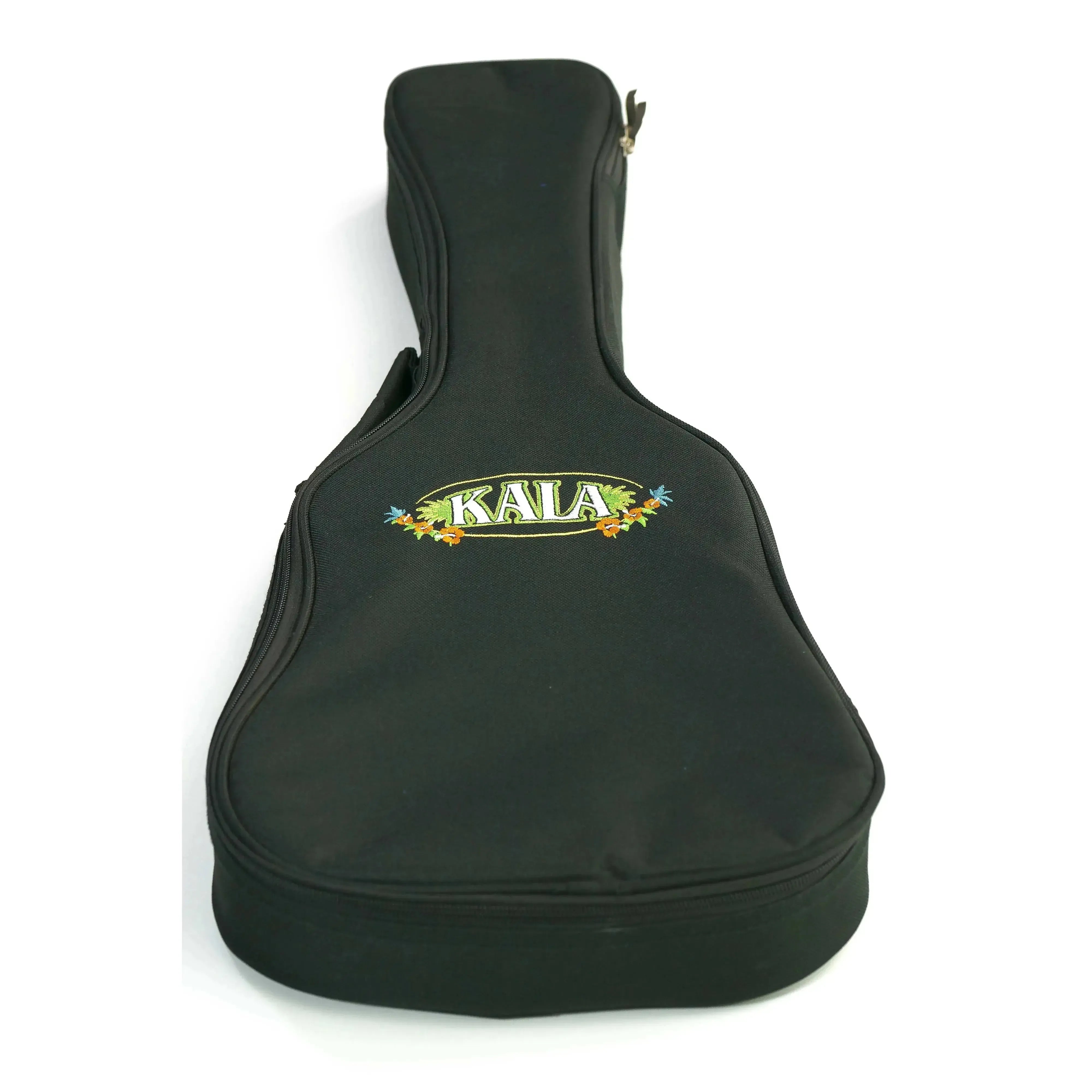 Kala black thinbody tenor ukulele gigbag case with embroidered logo and zipper pocket.