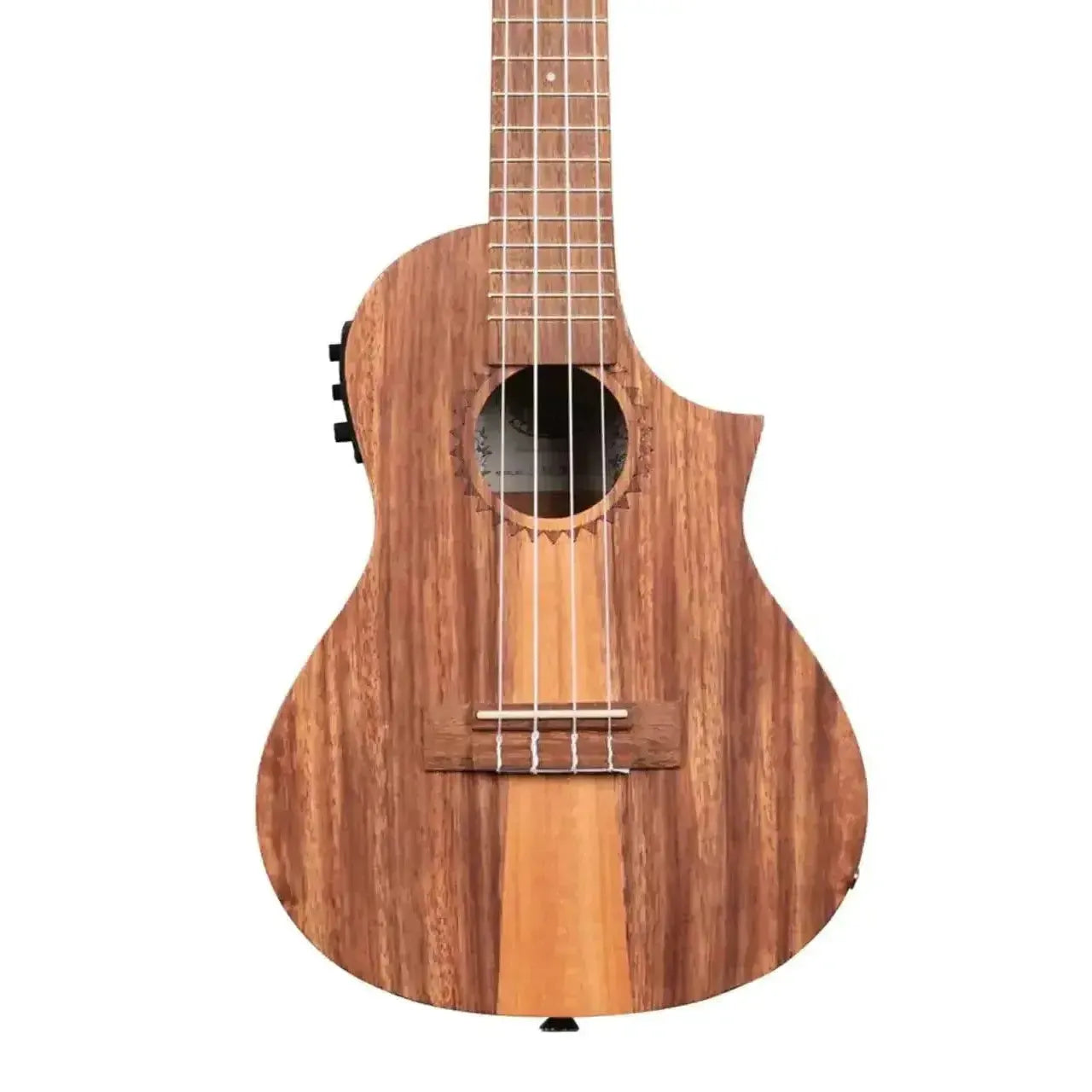 Kala TK-C-CE Teak Tri-Top Concert Ukulele with a mahogany stripe, Florentine cutaway, and EQ.