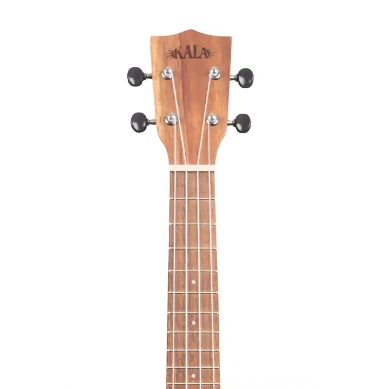 Kala Teak Tri-Top Concert Ukulele headstock with black open-geared tuners and Kala logo.