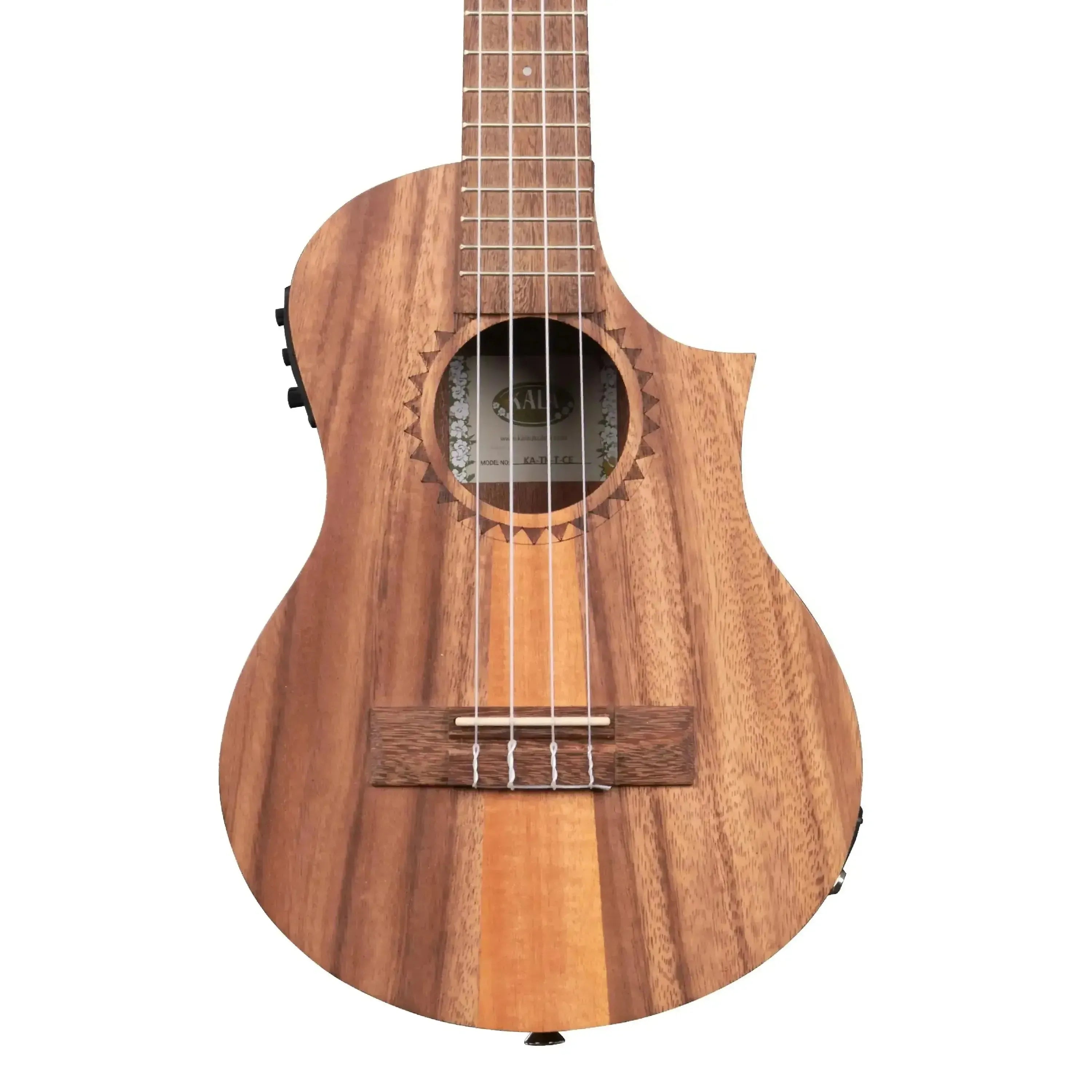 Kala TK-T-CE Teak Tri-Top Tenor Ukulele with cutaway, EQ, and sunburst rosette.
