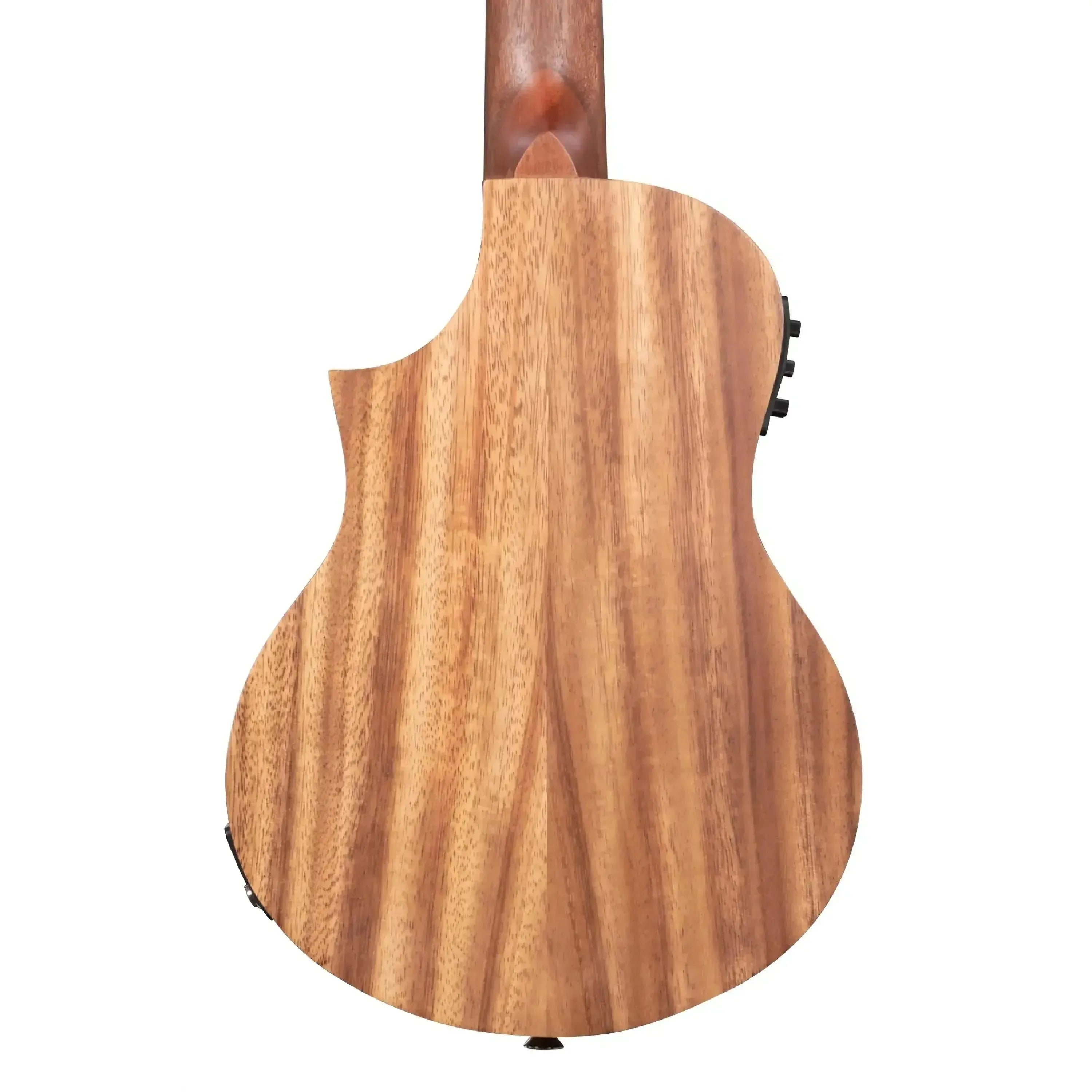 Back of a Kala TK-T-CE Teak Tri-Top Tenor Ukulele with a Florentine cutaway and natural wood grain.